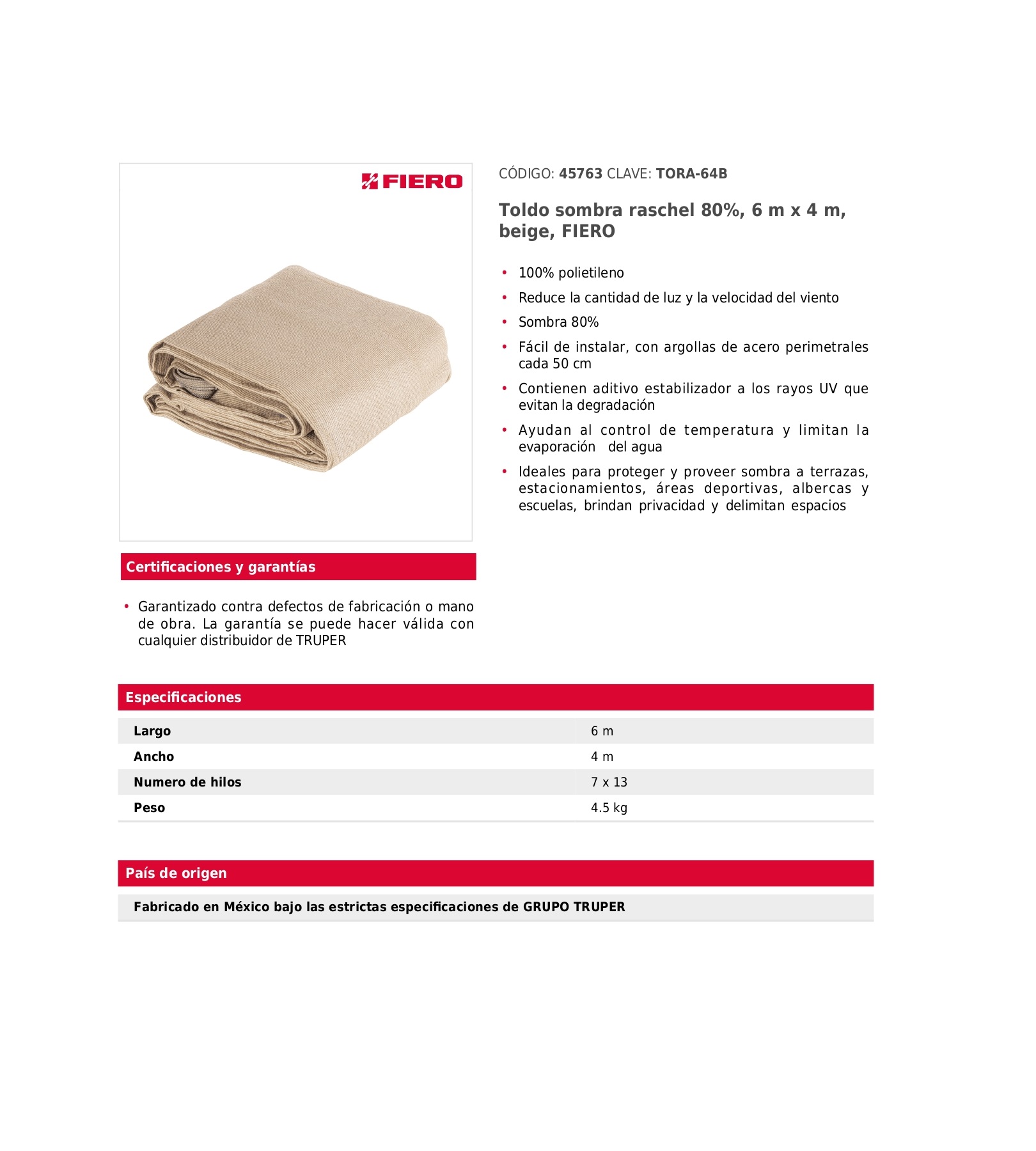 Foto 6 | Toldo Sombra Raschel 80%  6 M X 4 M  Beige  Fiero