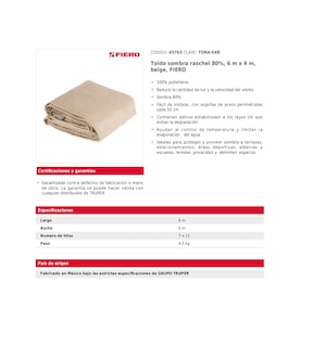 Foto 6 | Toldo Sombra Raschel 80% 6 M X 4 M Beige Fiero