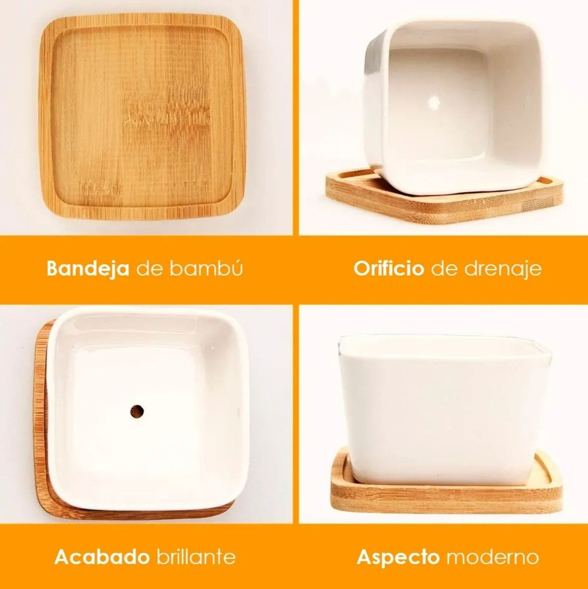 Foto 4 pulgar | Maceta Cuadrada De Cerámica Con Base De Madera Xtellar