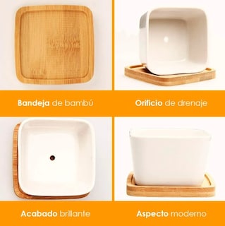 Foto 3 | Maceta Cuadrada De Cerámica Con Base De Madera Xtellar
