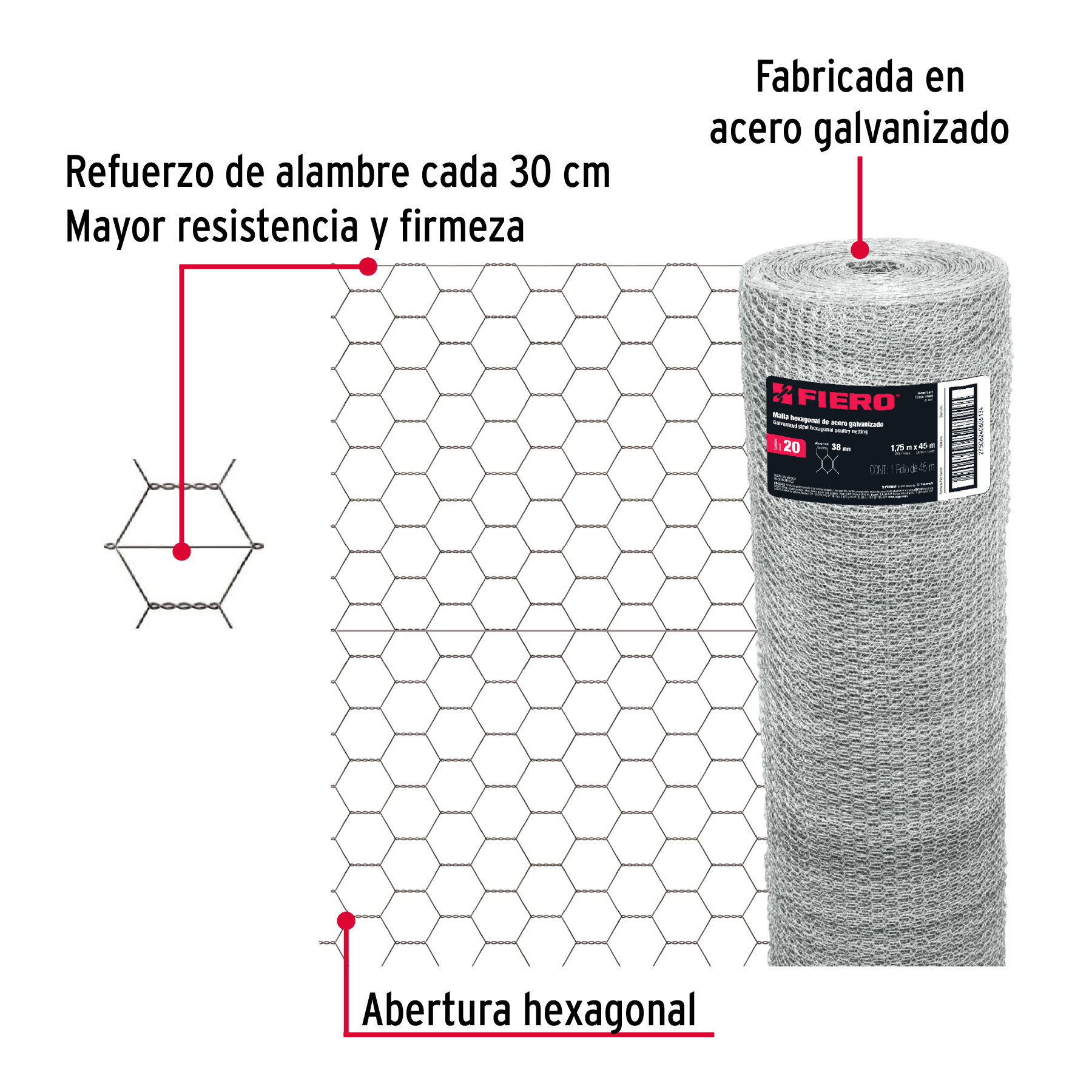Foto 3 pulgar | Rollo Malla Hexagonal 1.75x45 M Cal.20 38mm 44661 Fiero