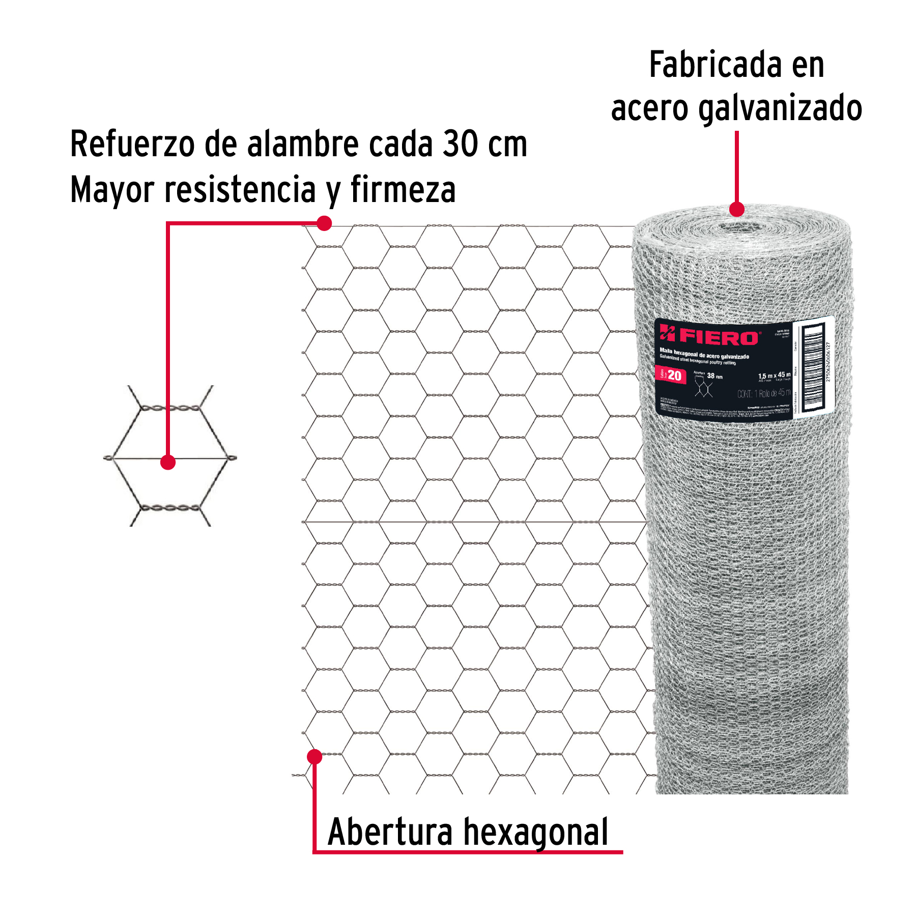 Foto 3 pulgar | Rollo Malla Hexagonal 1.5x45 M Cal.20 38mm 44660 Fiero