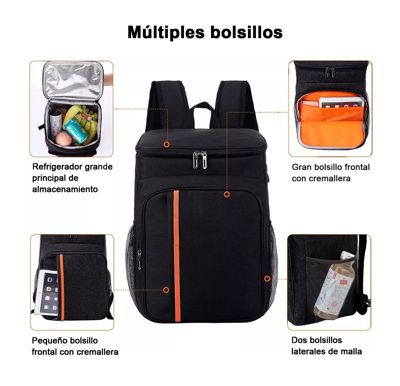 Foto 4 | Mochila Hieleras Enfriador Bolsa Impermeable Portátil 20 L Color Negro Con Raya Naranja