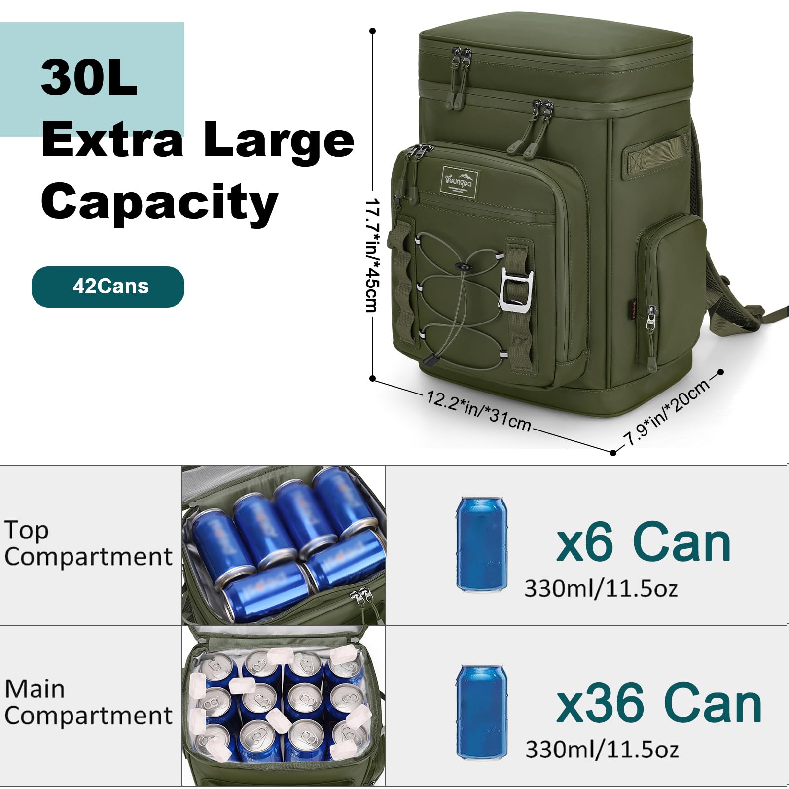 Foto 2 | Mochila Térmica Youngoa Para 42 Latas, Aislante, Impermeable, Verde - Venta Internacional.