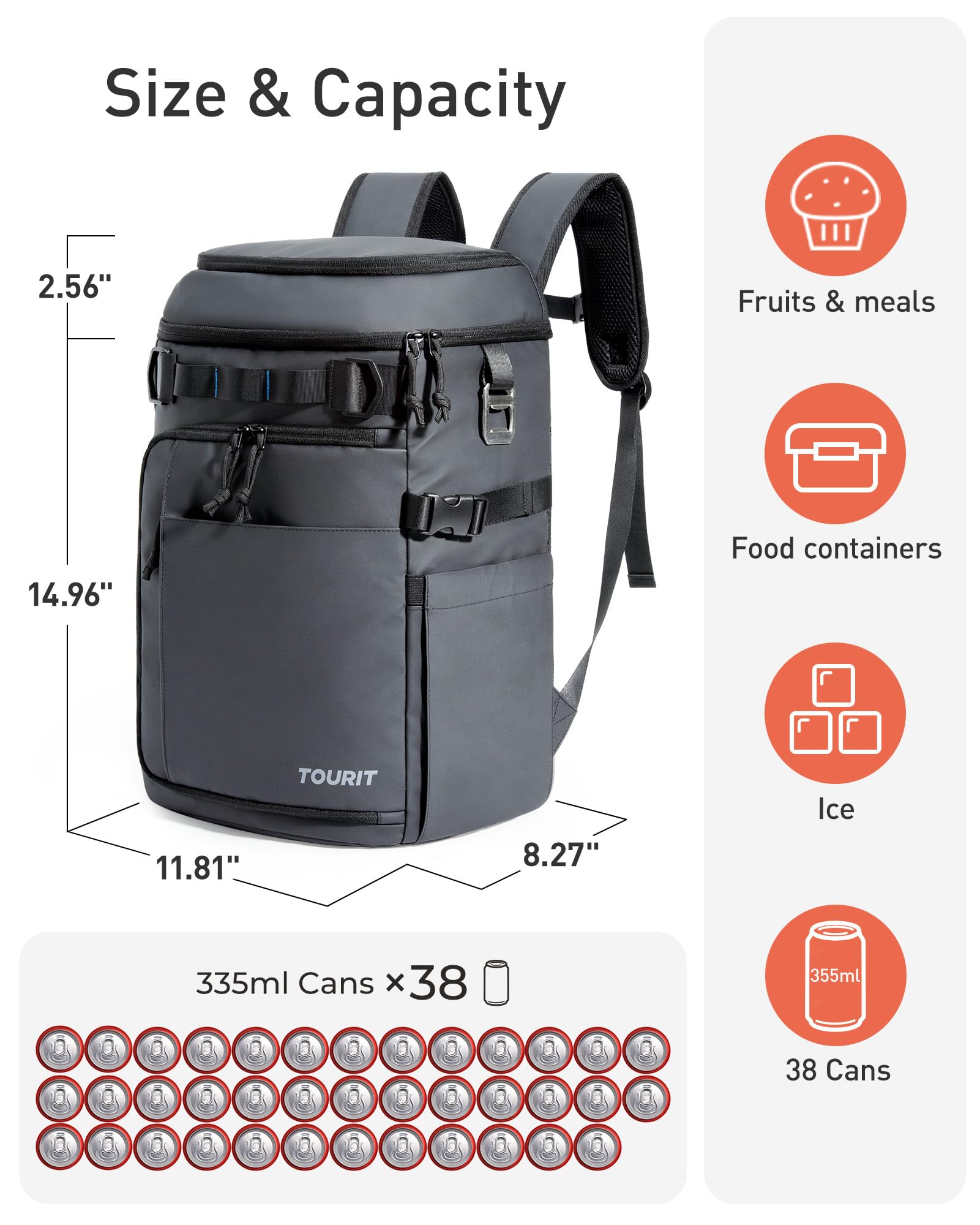 Foto 3 pulgar | Mochila Cooler Tourit 28 L, 38 Latas, A Prueba De Fugas, Impermeable, Gris - Venta Internacional.