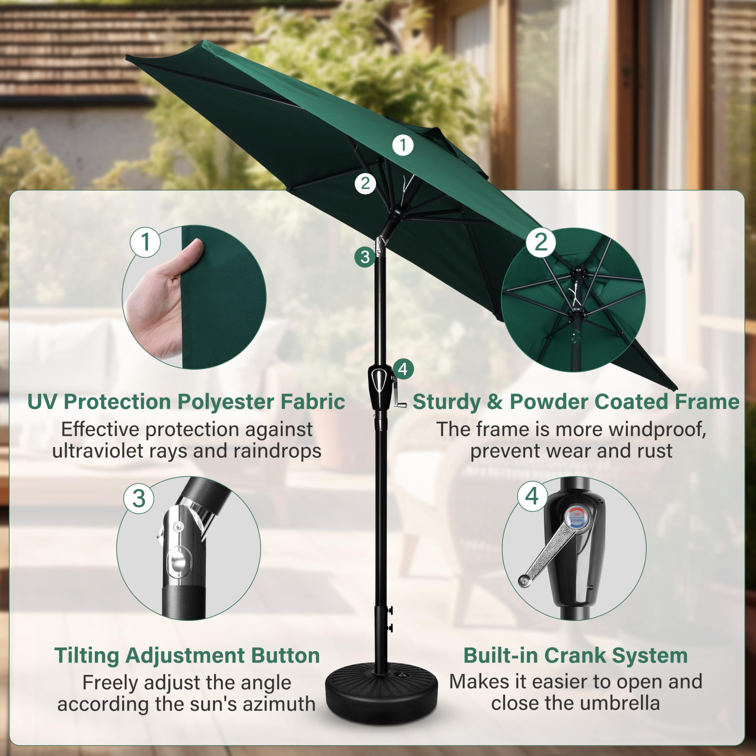 Foto 5 | Sombrilla De Patio Simple Deluxe De 2,3 M Para Exteriores Con Inclinación Y Manivela, Color Verde - Venta Internacional