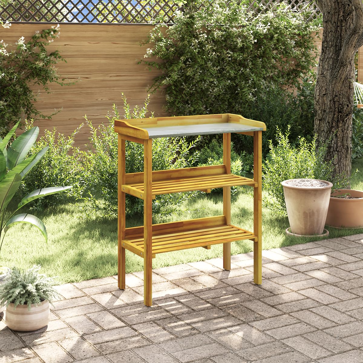 Foto 3 pulgar | Banco Para Macetas Vidaxl Con Tablero De Zinc, 2 Estantes, Madera De Acacia - Venta Internacional.