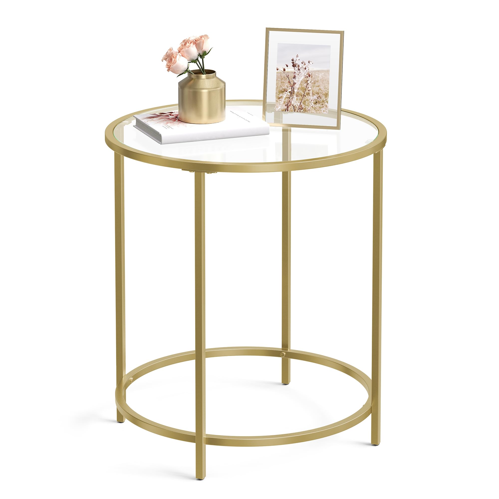 Mesa Auxiliar Vasagle Redonda De Vidrio Con Marco De Metal Color Dorado - Venta Internacional.
