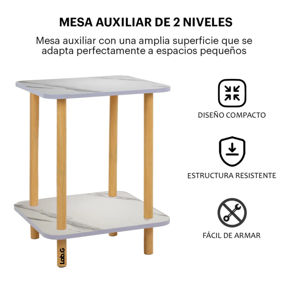 Foto 3 pulgar | Mesa Centro Minimalista Madera Lateral Doble Repisa 40cm Lab.g  Blanco Mármol