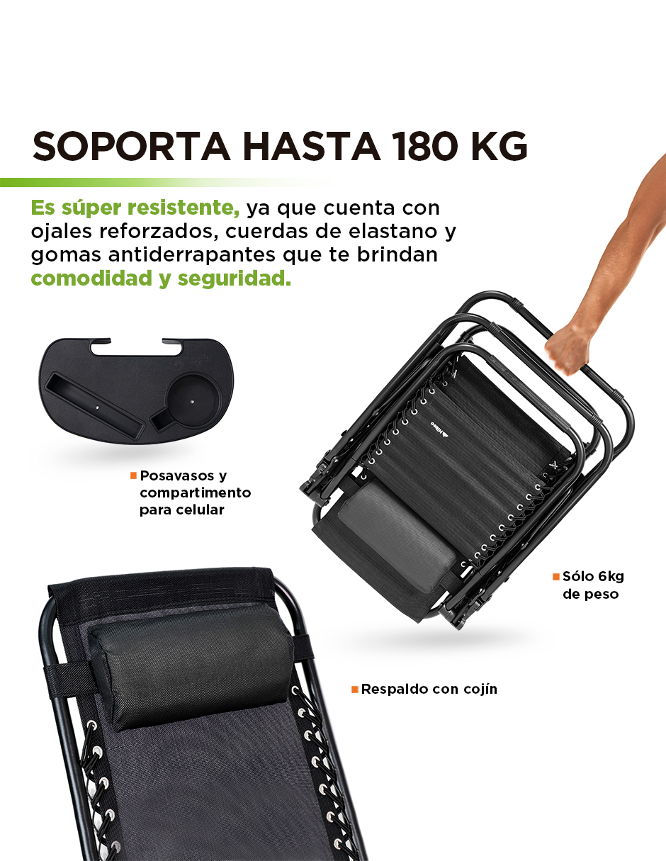 Foto 6 pulgar | Silla Plegable Camastro Portátil Antigravity De Tela Para Jardín Y Exteriores color Negro Hikeo 83272-bl