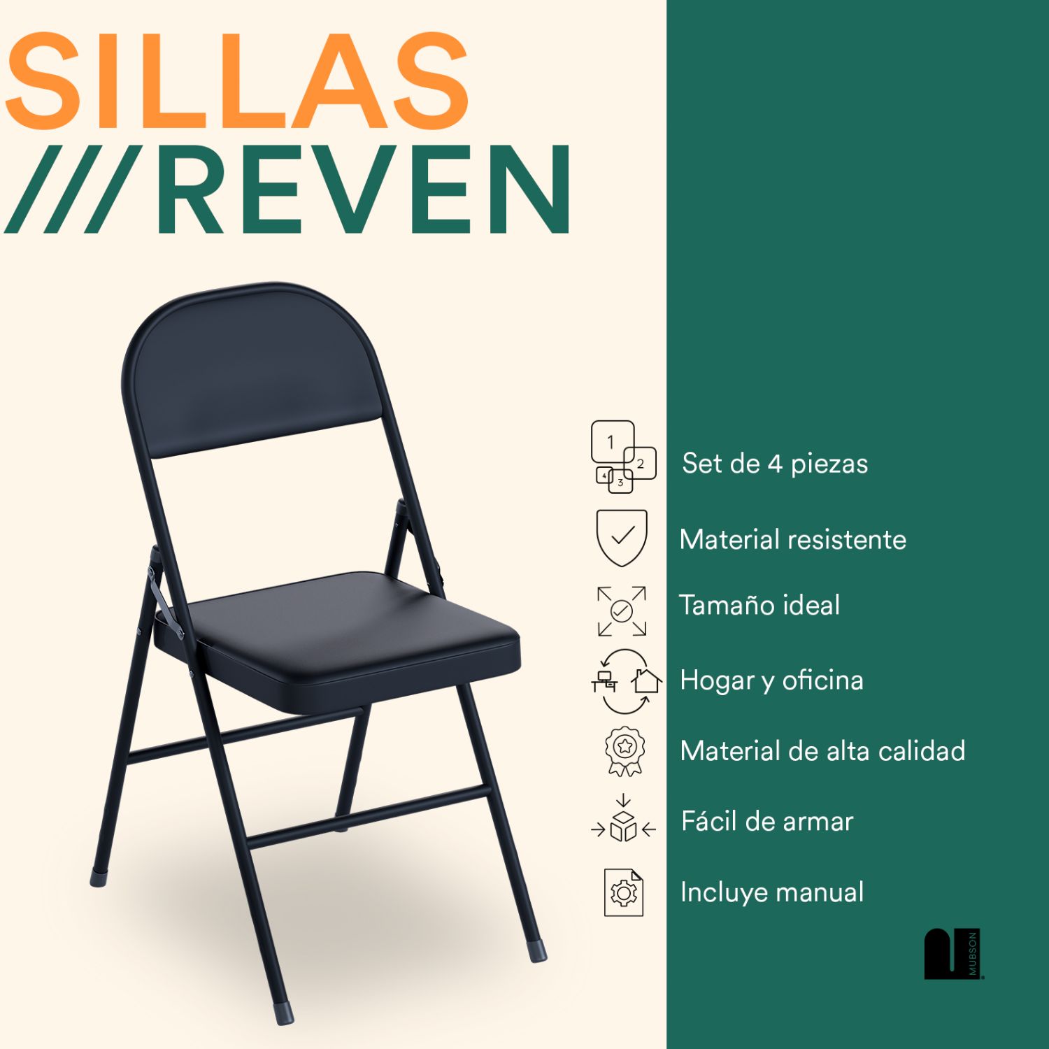 Foto 2 | Sillas Plegables Mubson Reven color Negro 4 Piezas