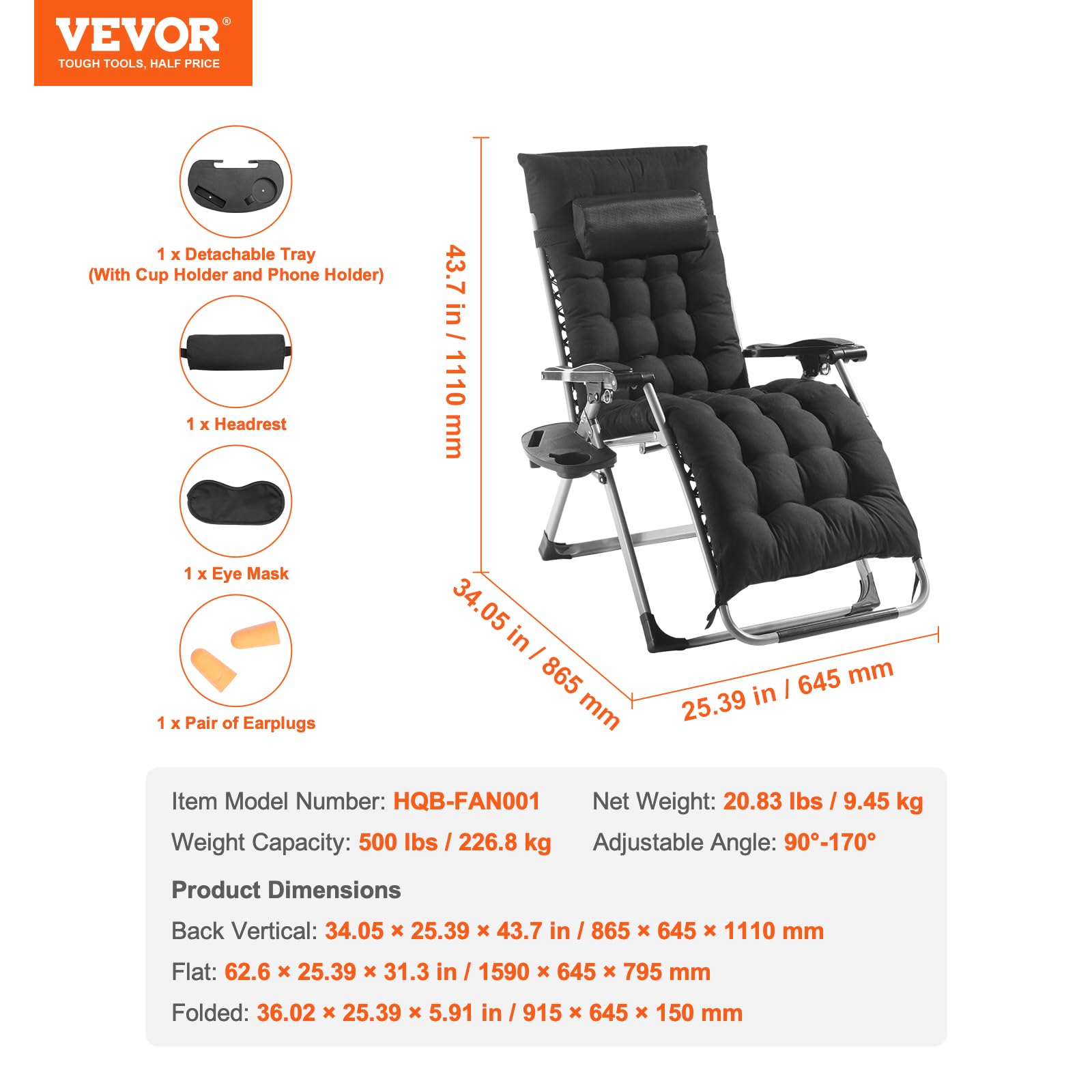 Foto 8 pulgar | Silla Reclinable Zero Gravity Vevor De 26 Pulgadas Y 500 Libras, Negra - Venta Internacional.