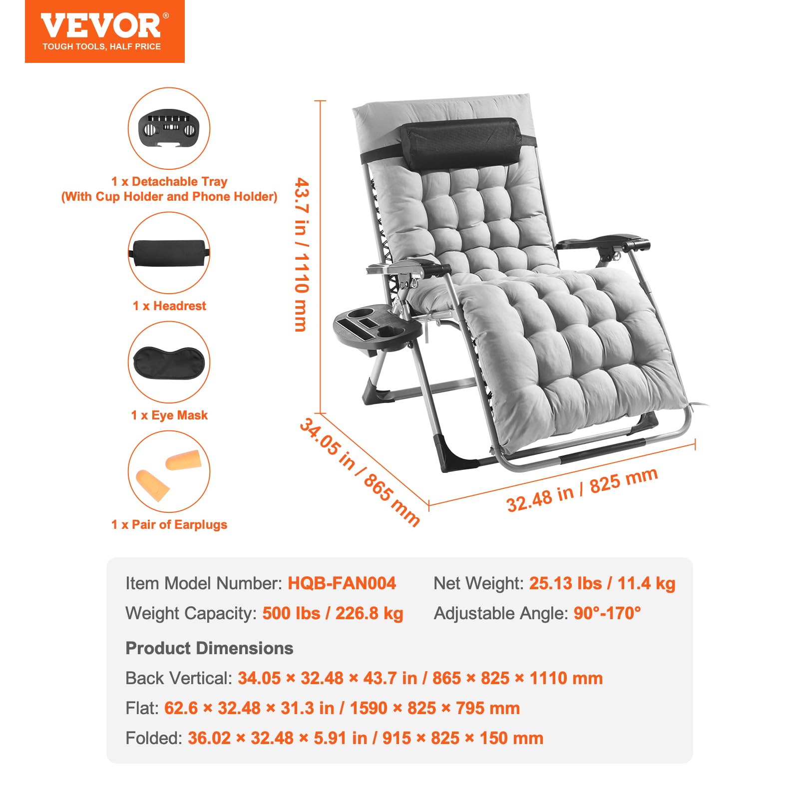 Foto 8 pulgar | Silla Zero Gravity Vevor, Reclinable De 33 Pulgadas, Soporte De 500 Libras - Venta Internacional.