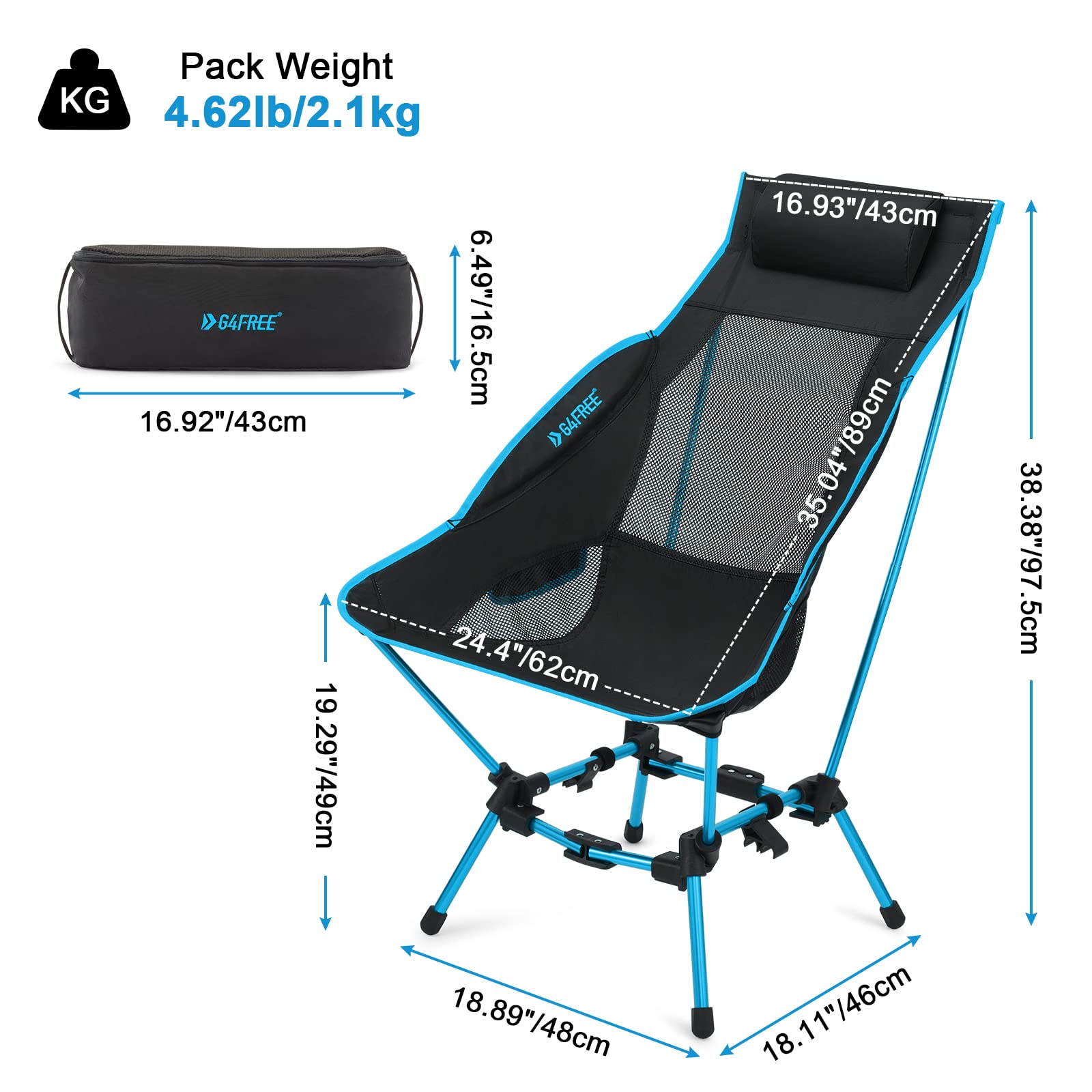 Foto 3 pulgar | Silla De Campamento G4free Plegable Con Respaldo Alto, Ligera, Azul, 175 Kg - Venta Internacional.