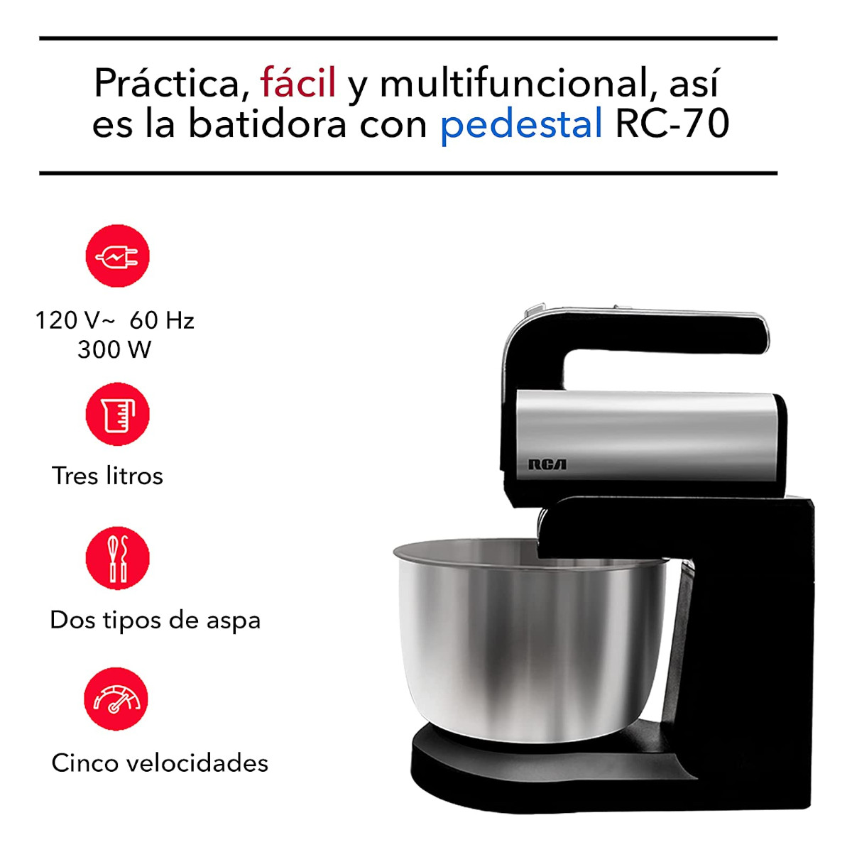 Foto 4 pulgar | Batidora de Mano RCA RC-70 color Negro con Pedestal 5 Velocidades