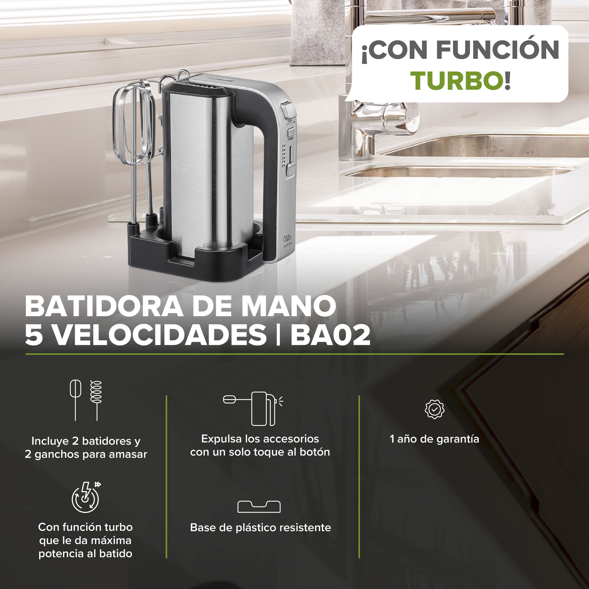 Foto 2 | Batidora De Mano 5 Velocidades Avera Ba02 - color Negro