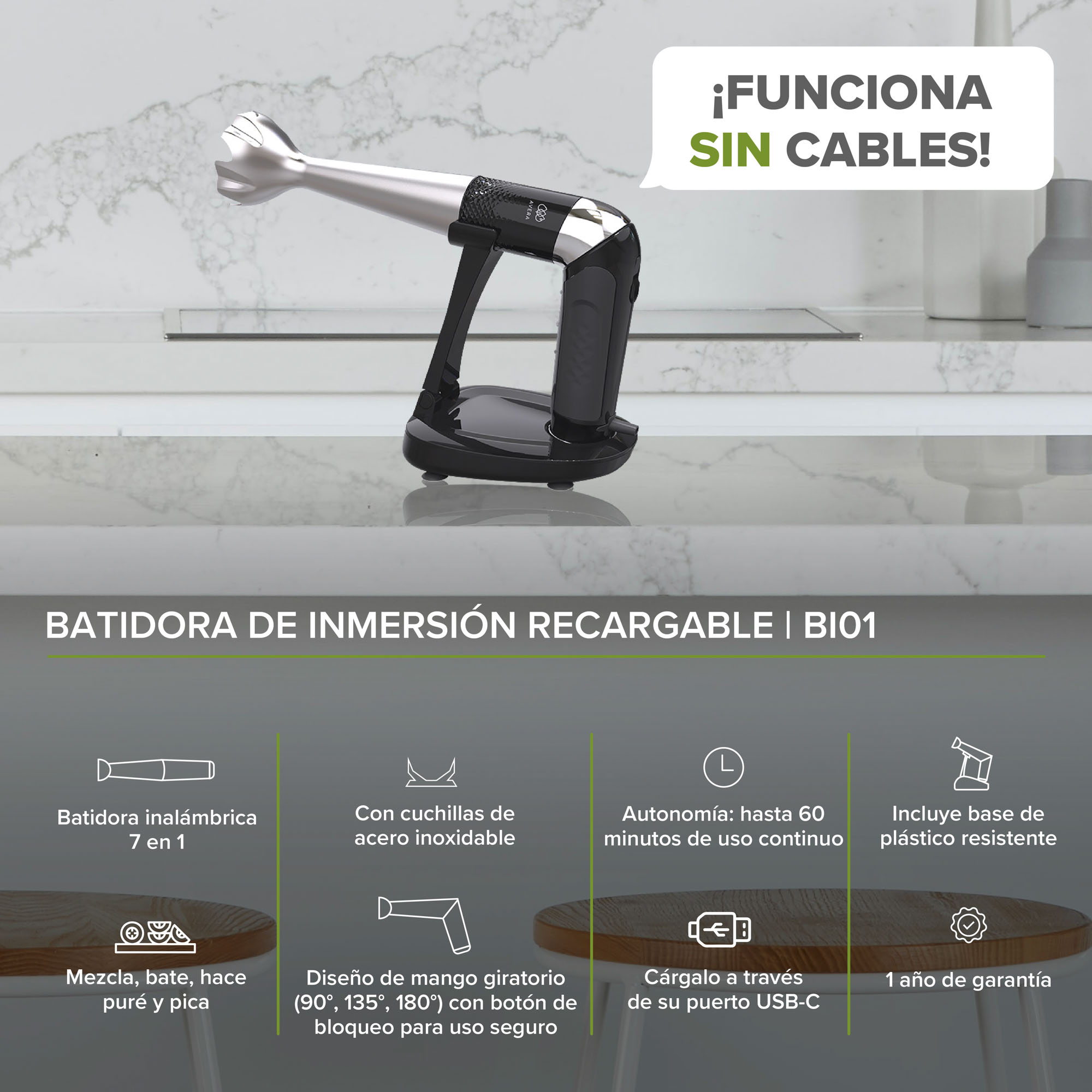 Foto 2 | Batidora Inalámbrica de Inmersión Avera BI01 color Negro Ajustable