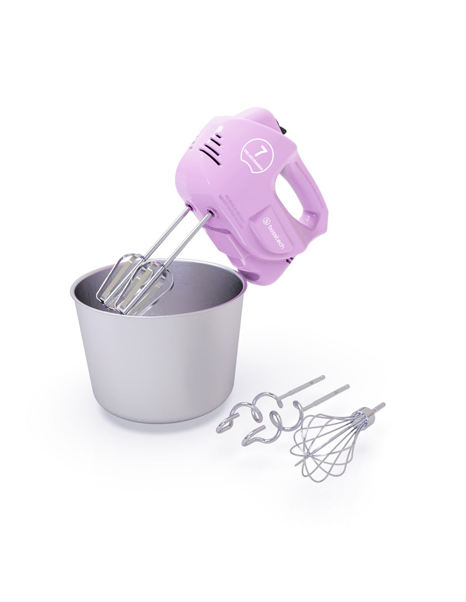 Batidora de Mano Bosstech BSED-M3-P color Rosa 7 Vel con Bowl