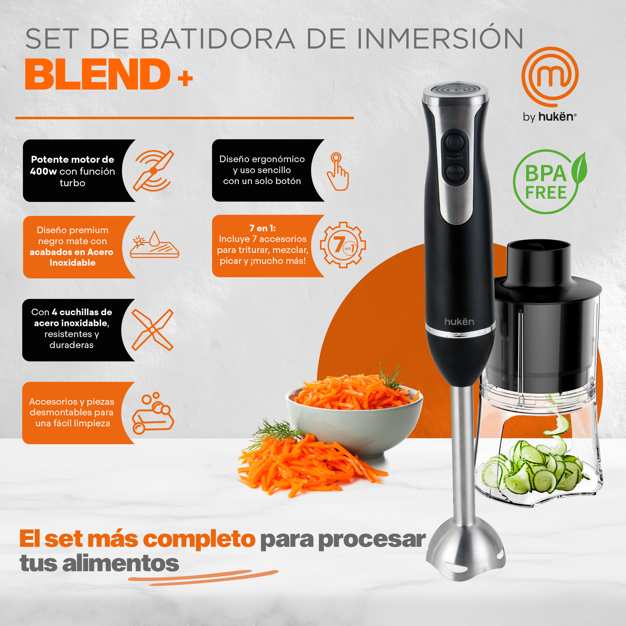 Foto 2 | Set De Batidora De Inmersión Blend+ Masterchef MK-HBS-7 Negro