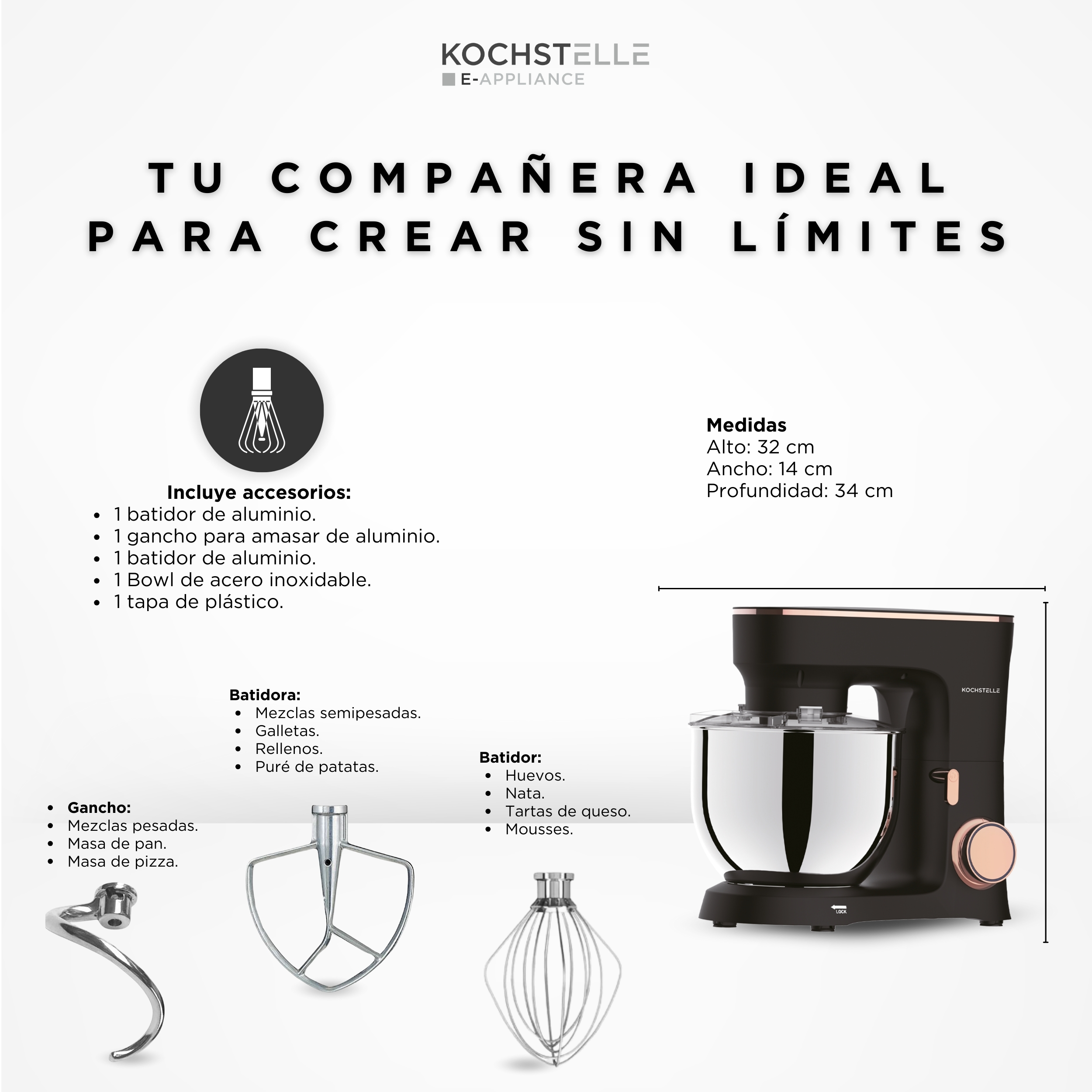 Foto 3 | Batidora de Pedestal Kochstelle Negra 660 w de Potencia y 6 Velocidades Ajustables más Pulso