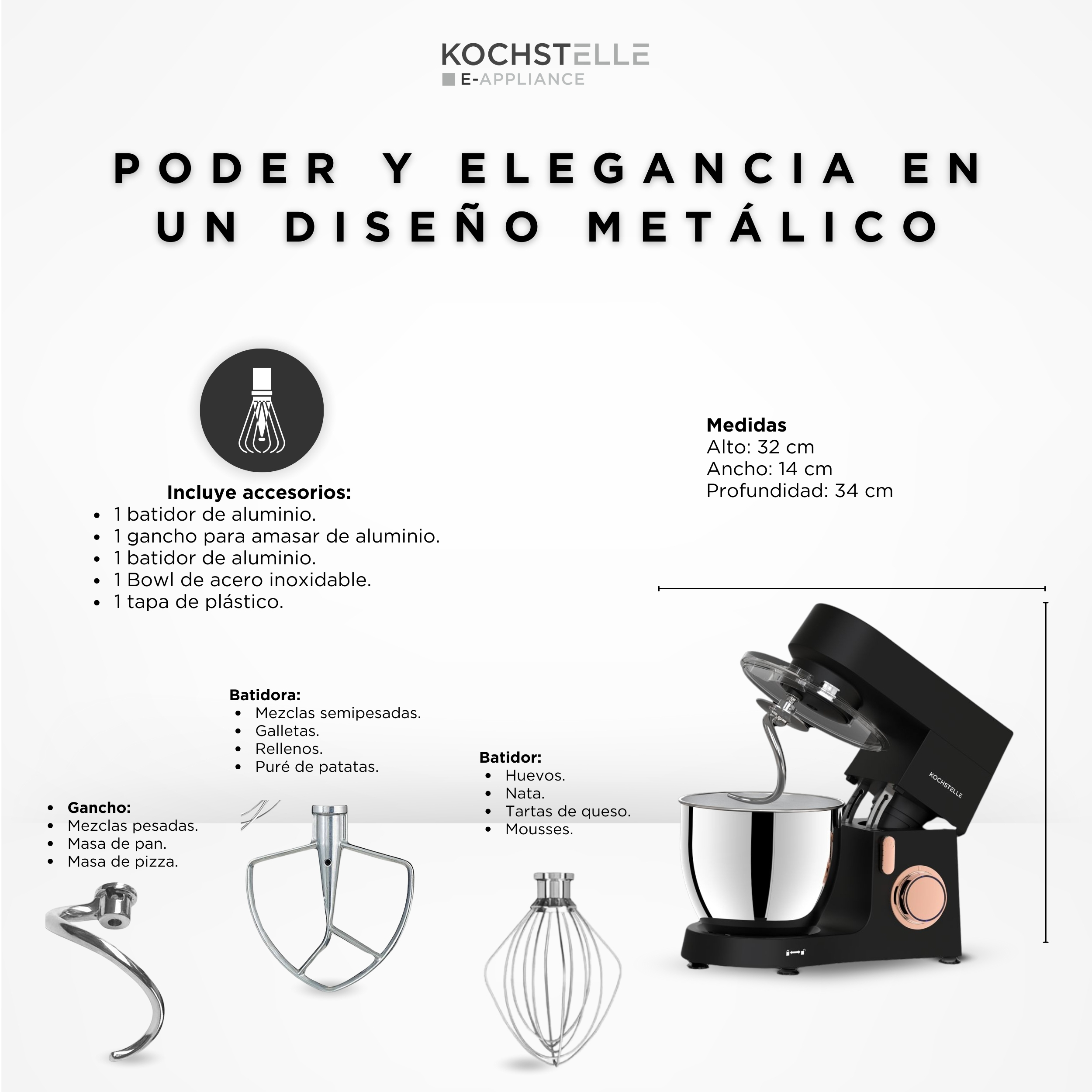 Foto 3 | Batidora de Pedestal Kochstelle de Metal Negra 800 w de Potencia y 6 Velocidades Ajustables más Pulso
