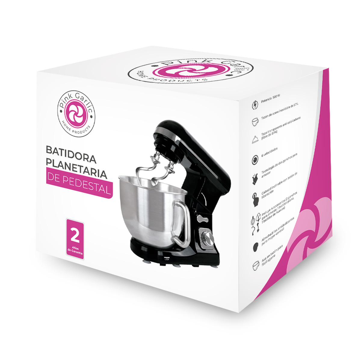 Foto 7 pulgar | Batidora Planetaria De Pedestal Doble Gancho Negro Pink Garlic Bppgn57