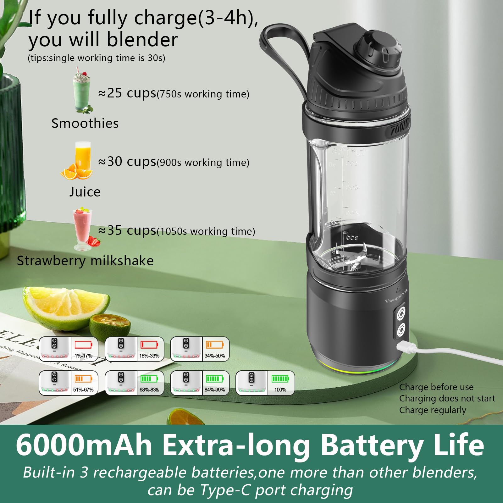 Foto 4 pulgar | Licuadora Portátil Vaeqozva 300W 600ml USB Recargable Negra - Venta Internacional