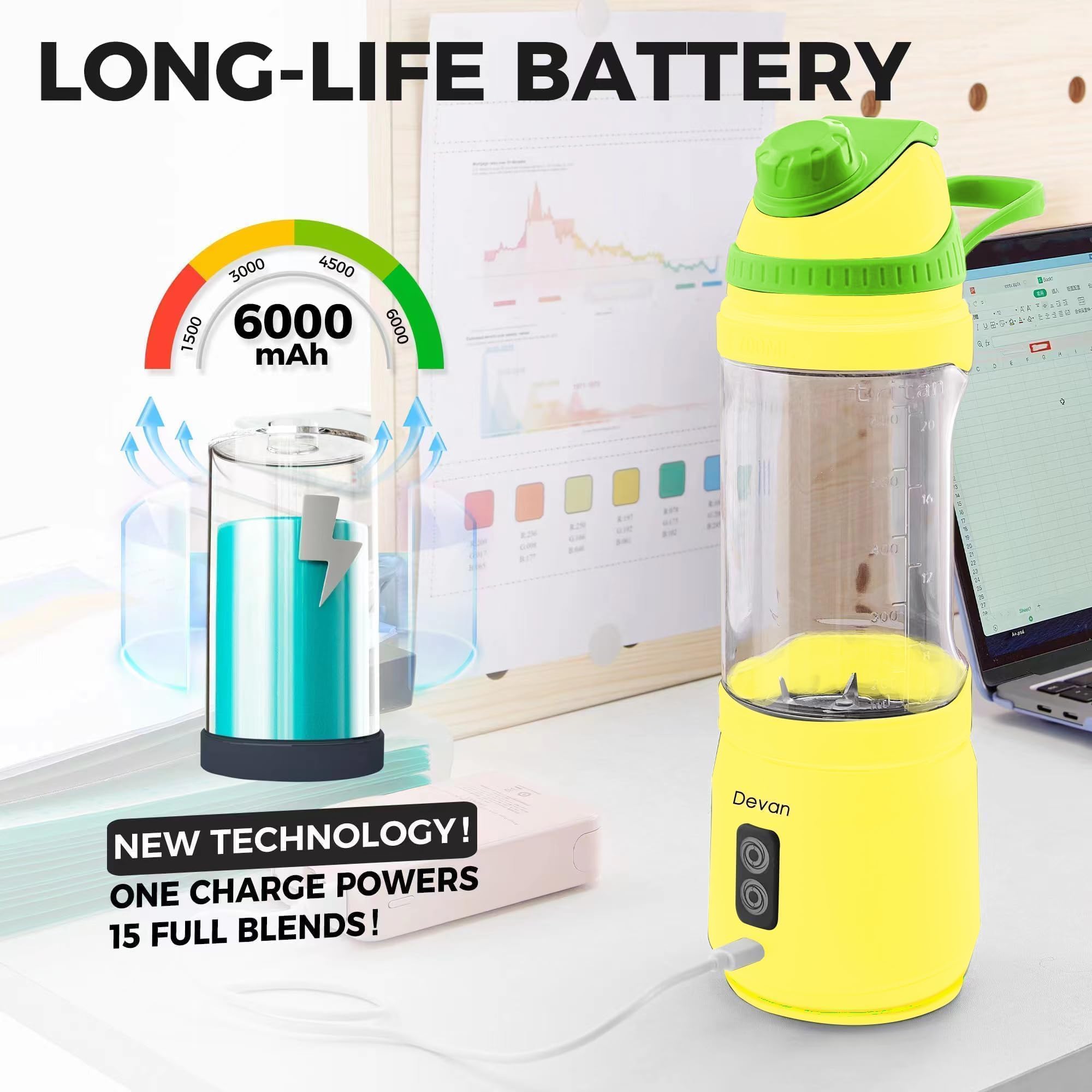 Foto 5 pulgar | Licuadora Portátil Devan 700ml Usb-c Recargable Amarillo/verde - Venta Internacional.