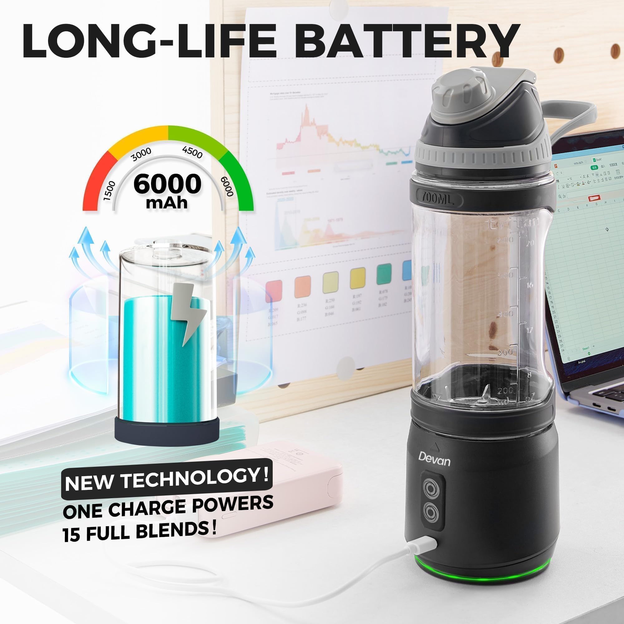 Foto 5 pulgar | Licuadora Portátil Devan 700ml Usb-c Recargable 300w Negro - Venta Internacional