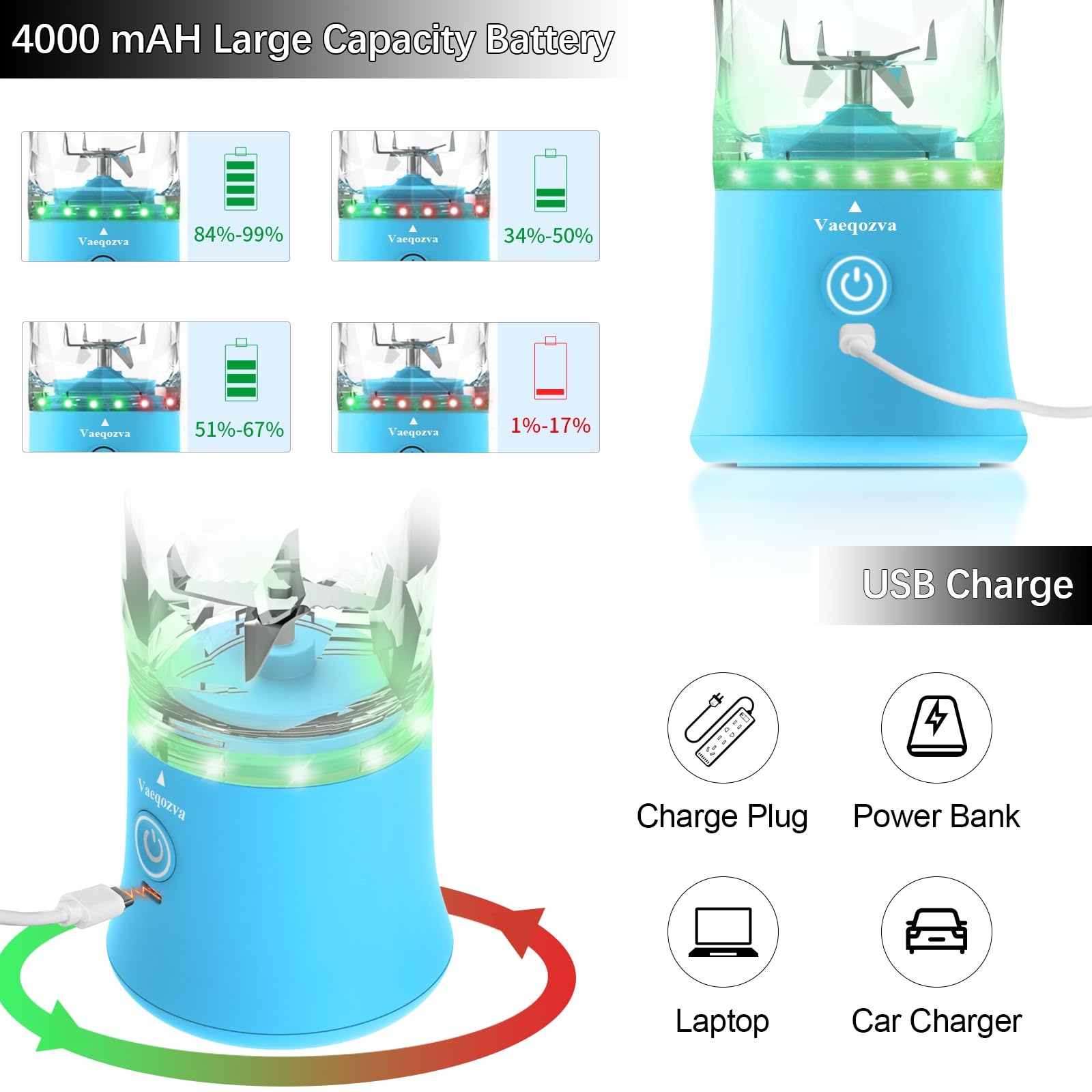 Foto 4 | Licuadora Portátil Vaeqozva 600ml Usb Recargable 240w Azul - Venta Internacional