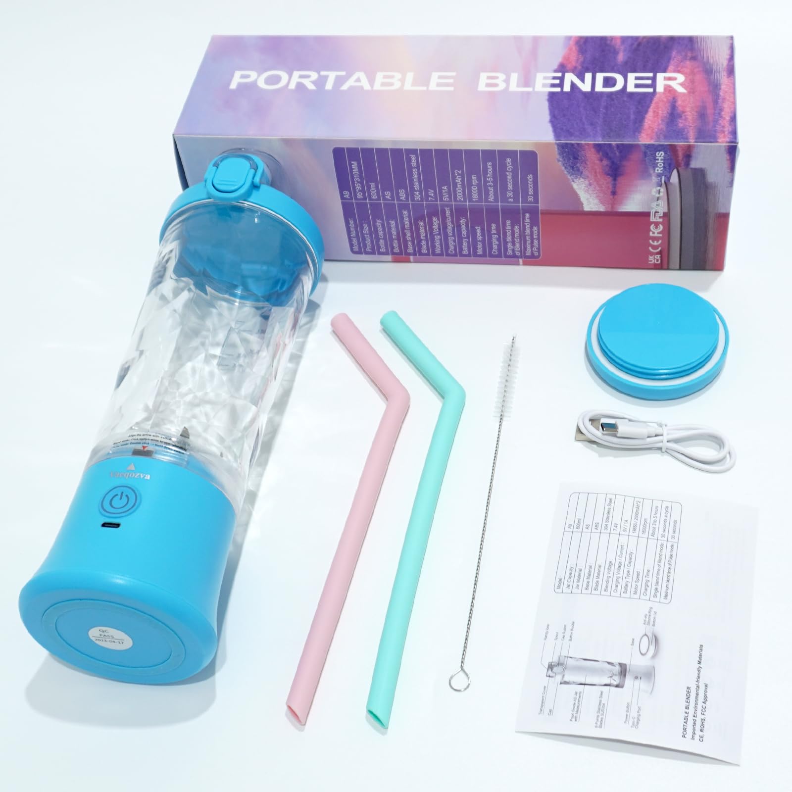 Foto 7 | Licuadora Portátil Vaeqozva 600ml Usb Recargable 240w Azul - Venta Internacional