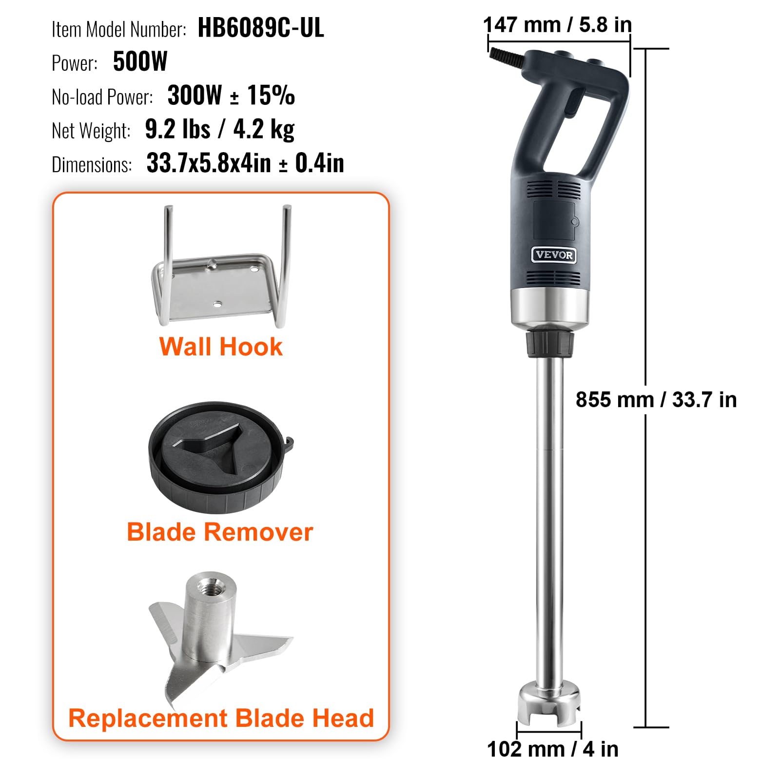 Foto 8 pulgar | Licuadora De Inmersión Comercial Vevor 500w 50 Cm Con Hoja 304 - Venta Internacional.