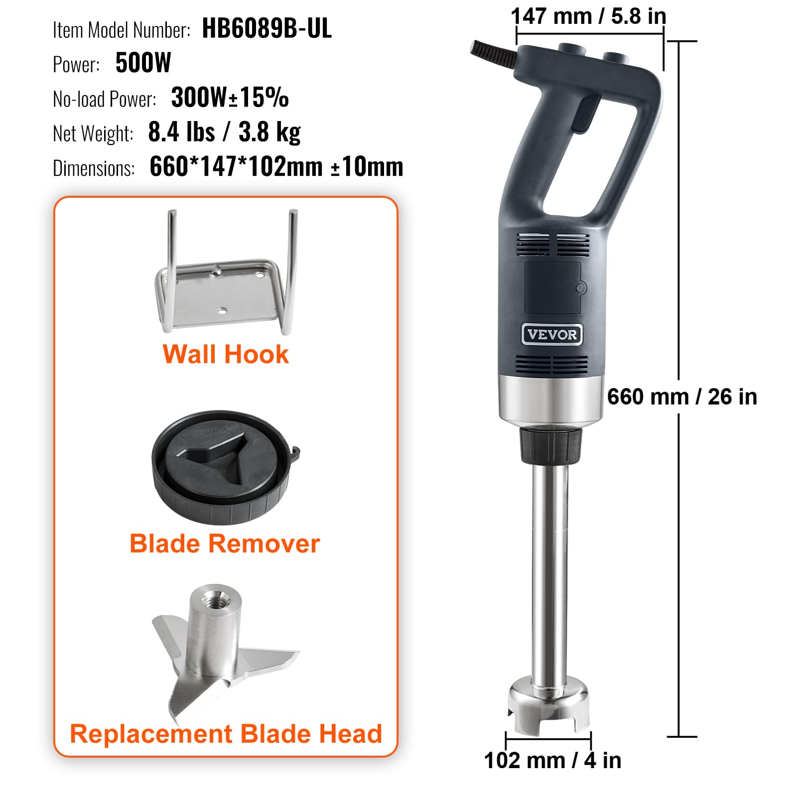 Foto 8 pulgar | Batidora De Mano Vevor 500 W 30 Cm Con Hoja De Acero Inoxidable 304 - Venta Internacional.