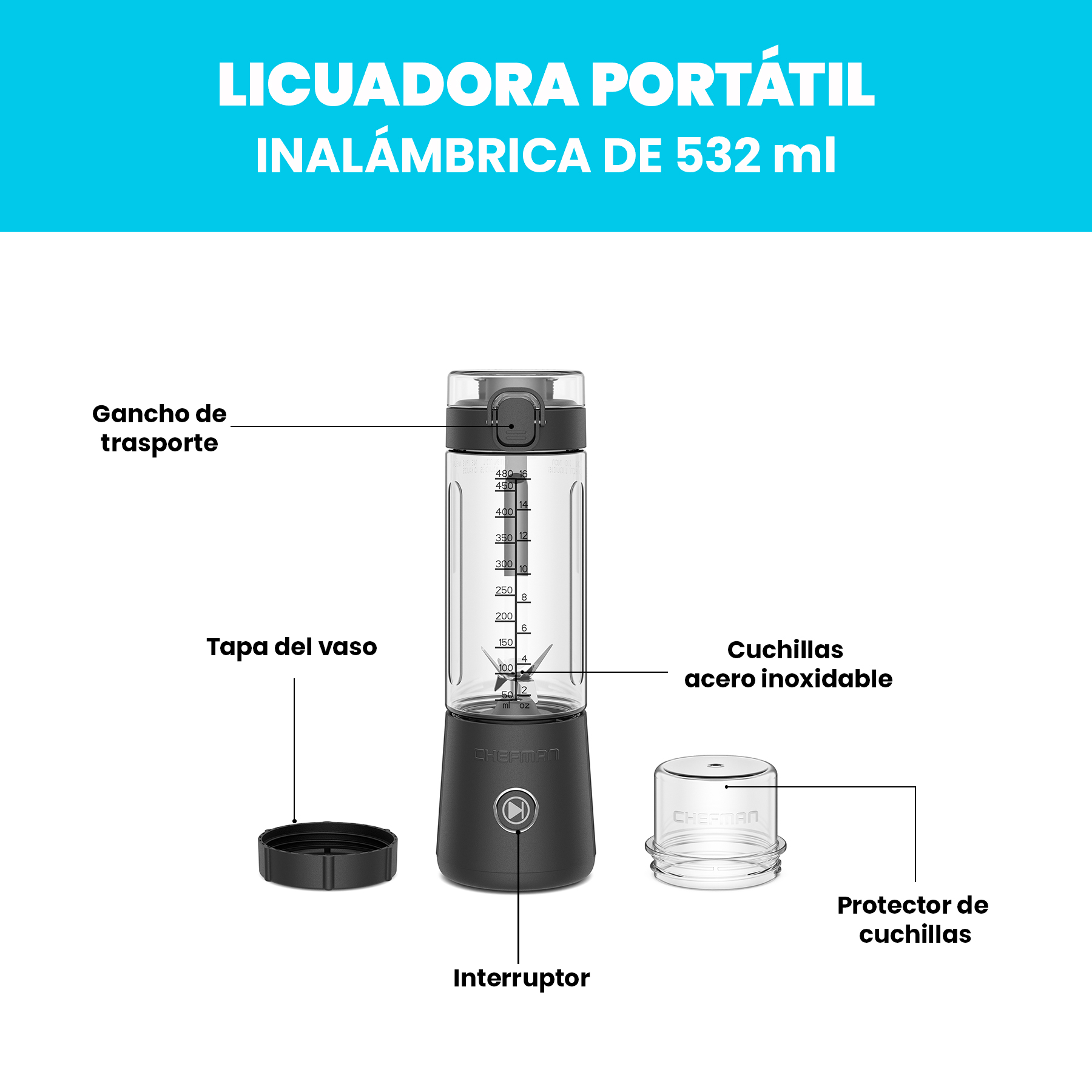 Foto 4 pulgar | Chefman - Licuadora Portátil Con Botón De Encendido Luz Led 480 Ml