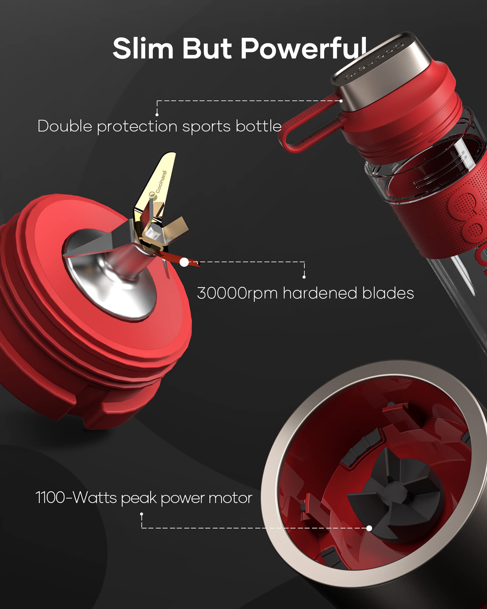 Foto 6 pulgar | Licuadora Personal Cocinare 1100 W Para Batidos Y Batidos Roja - Venta Internacional