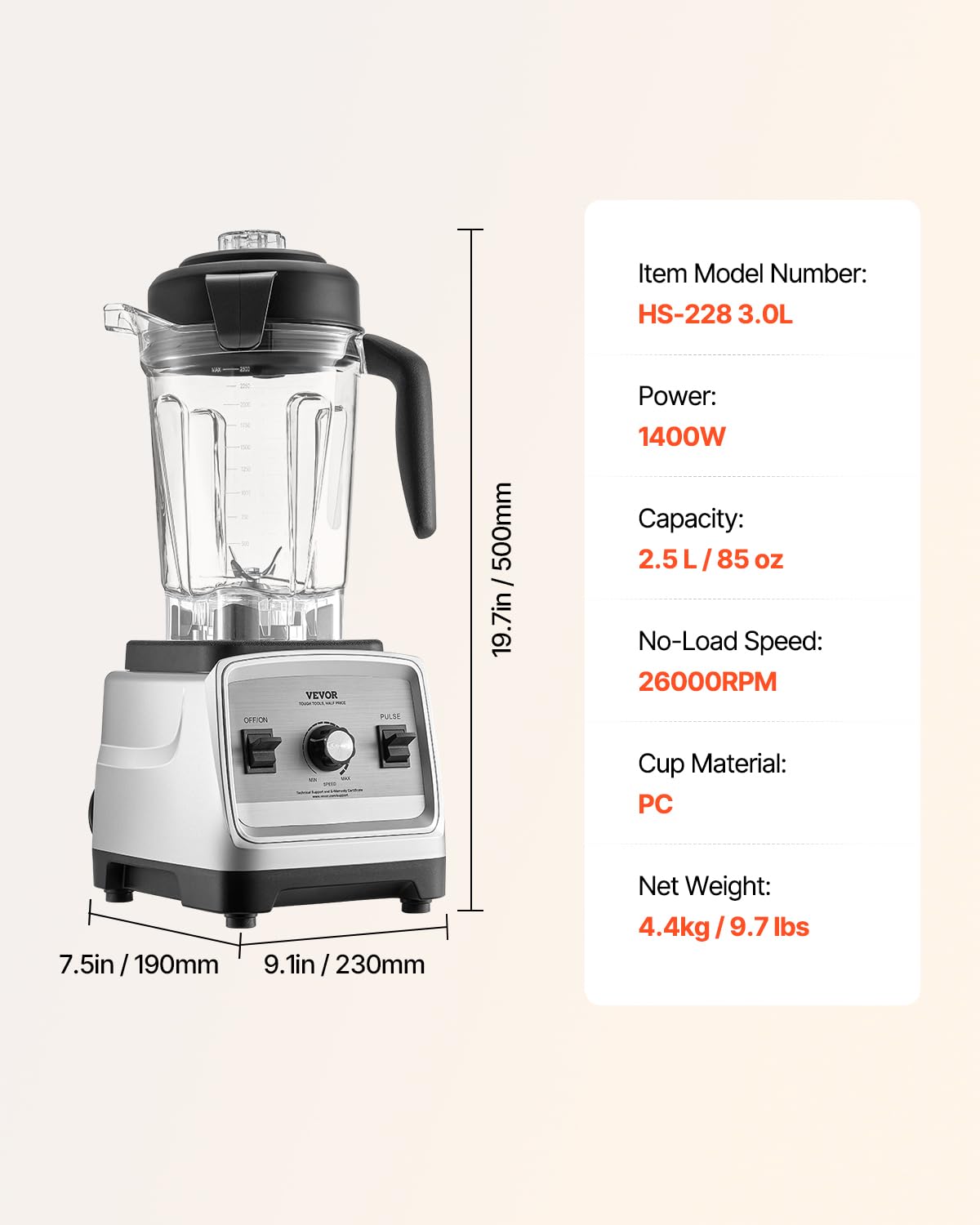 Foto 7 | Licuadora Vevor Para Batidos 2.5l 1400w Con Potente Motor - Venta Internacional.