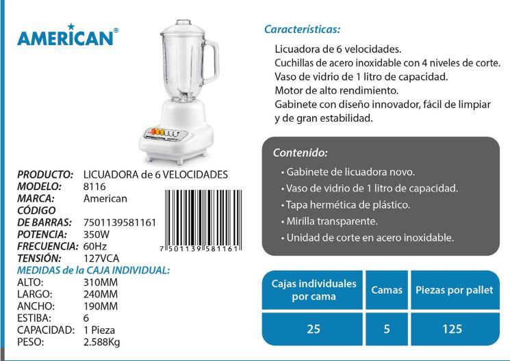 Foto 3 pulgar | Licuadora American 8116 color Rojo 6 Velocidades Vaso de Vidrio