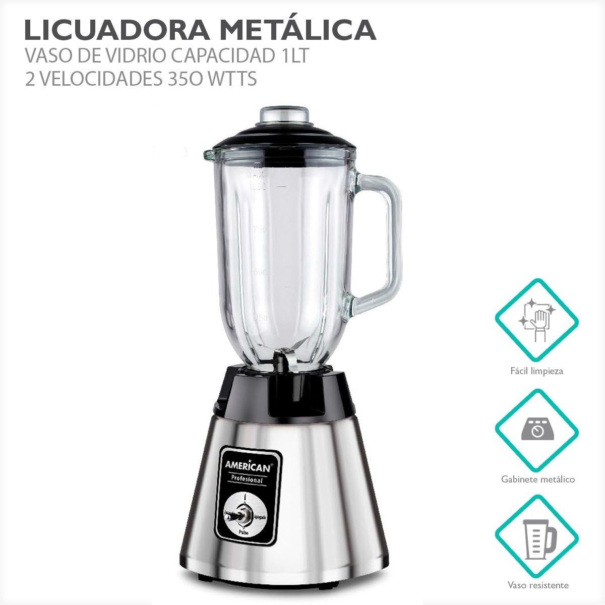 Foto 2 pulgar | Licuadora Metálica Vaso Vidrio 1 Lt 2 Velocidades 350w Metal