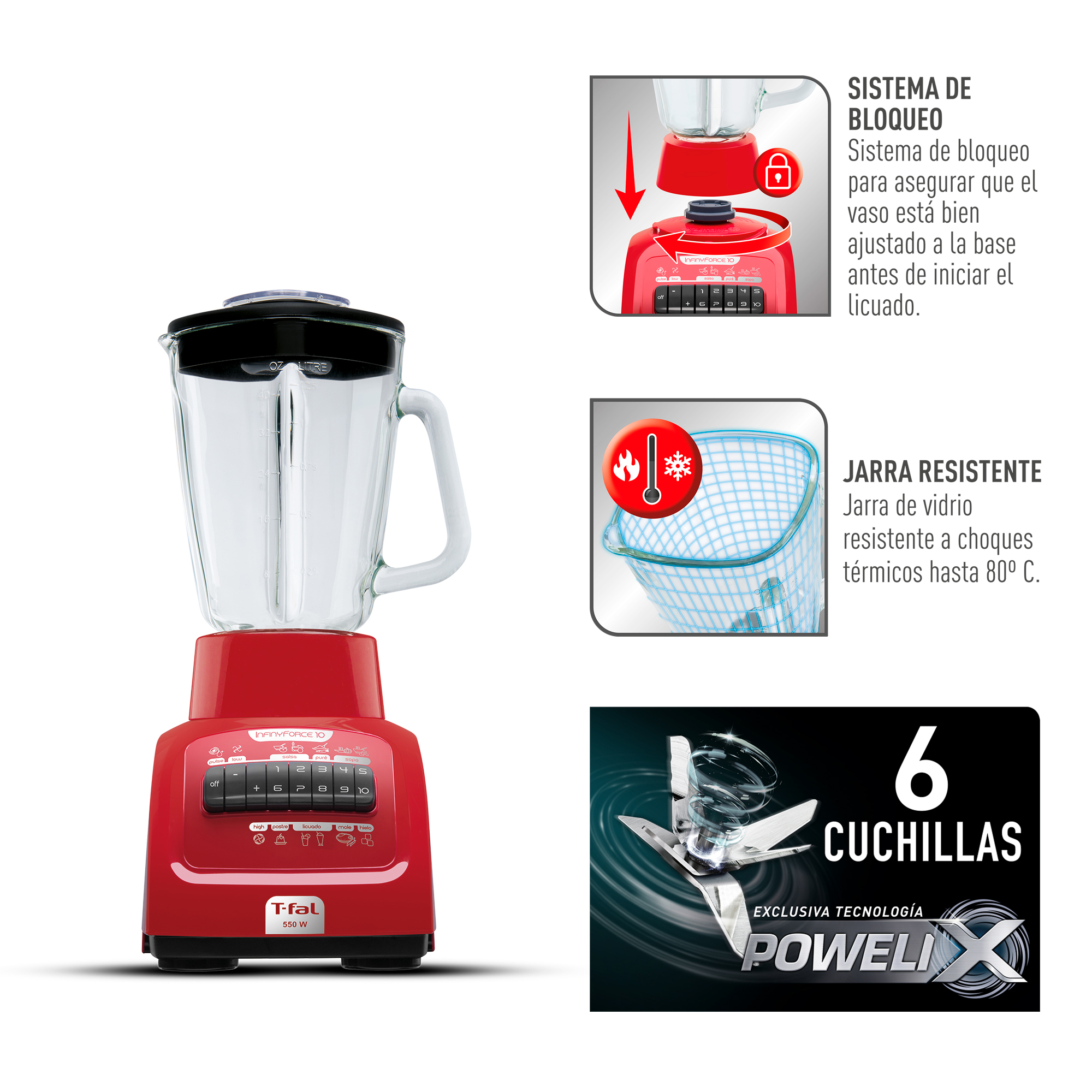 Foto 3 pulgar | Licuadora T-fal Infinyforce Xl 550w Vaso Vidrio Rojo