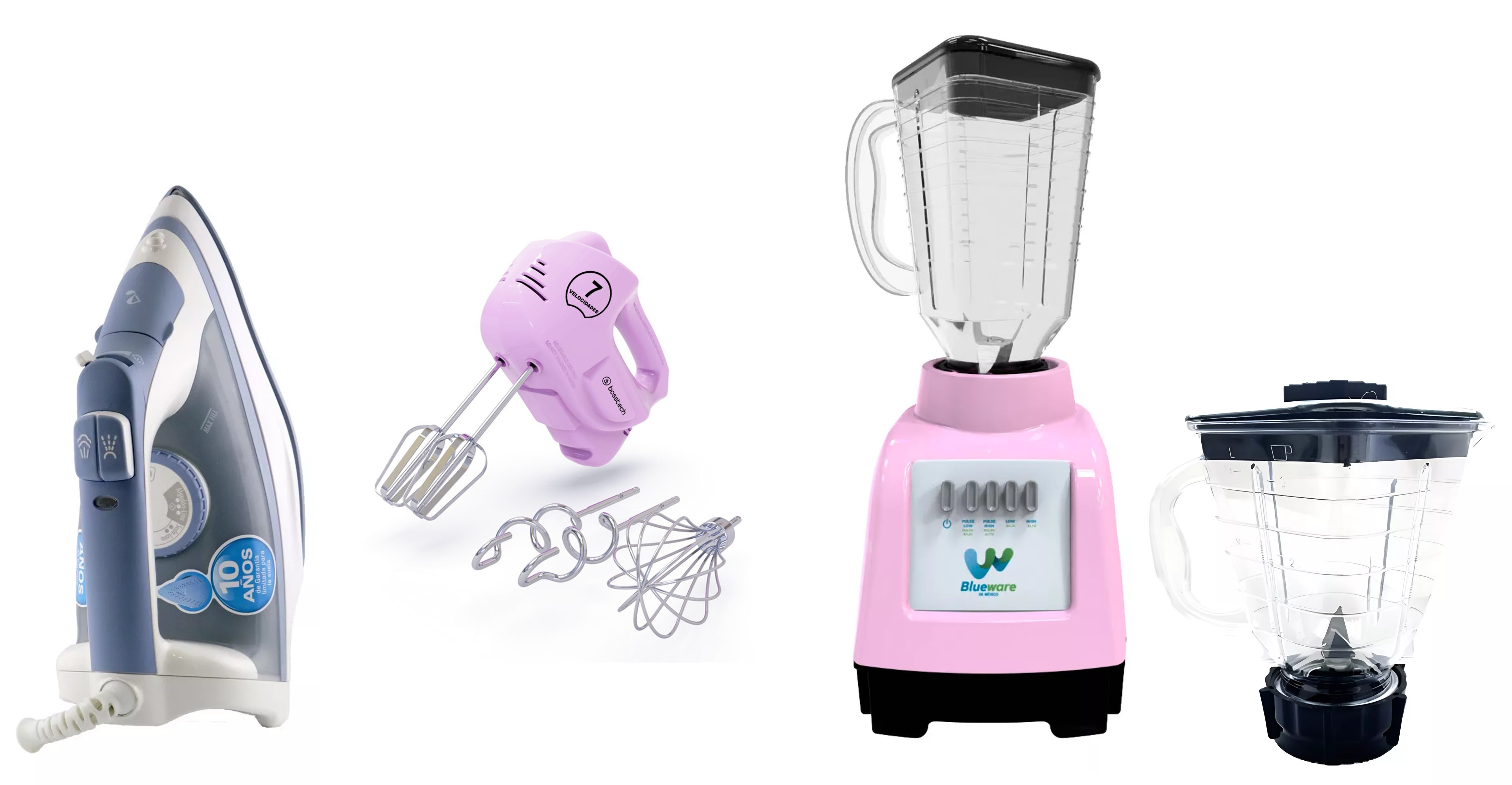 Foto 2 pulgar | Combo Licuadora Blue Ware 550w 1.125 Ml + Kit Vaso Procesador 750ml + Batidora Rosa 200w y Plancha