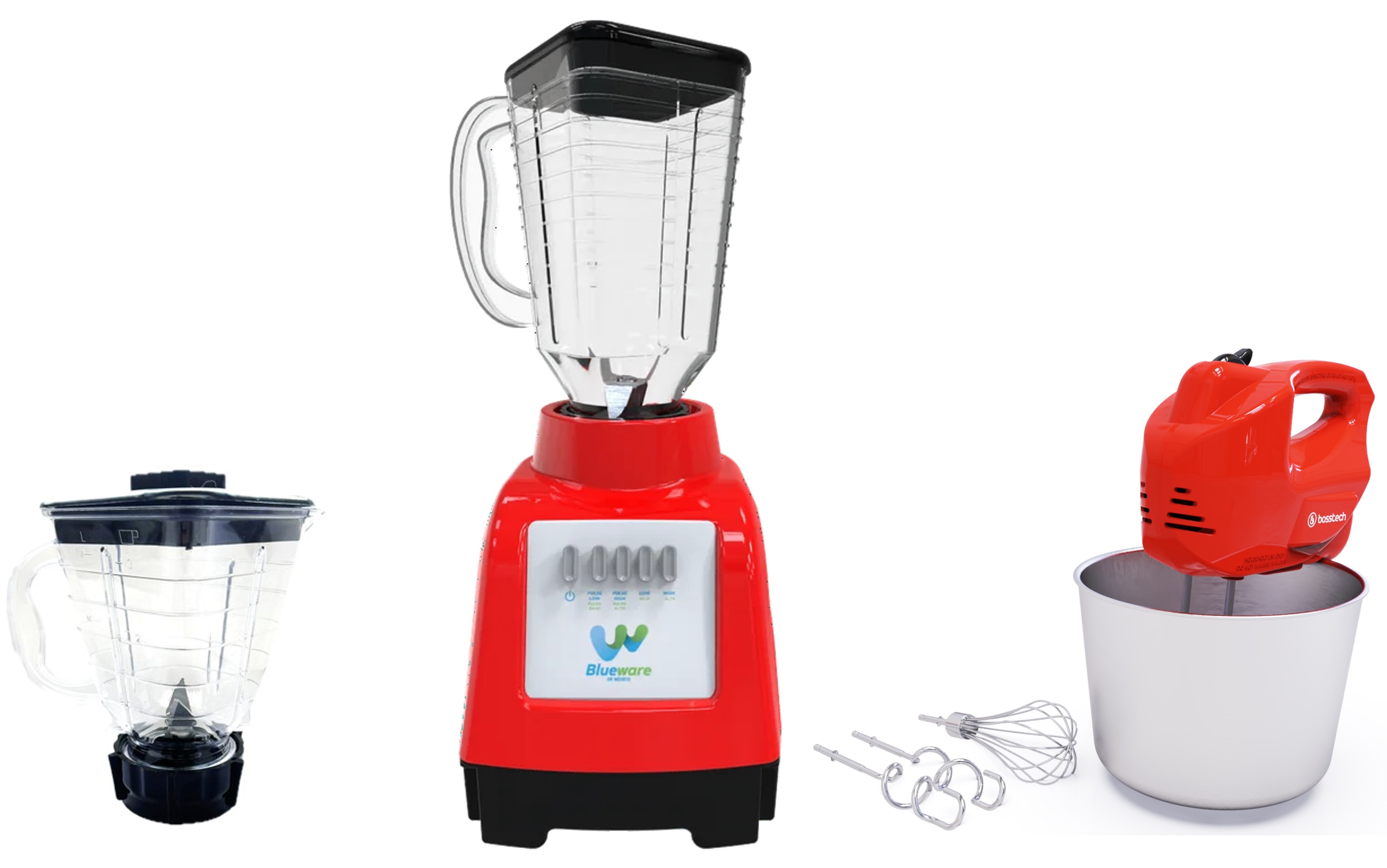 Licuadora Blueware 550w 1.125 Ml Rojo + Kit Vaso Procesador 750ml + Batidora 200w Bowl $1,099