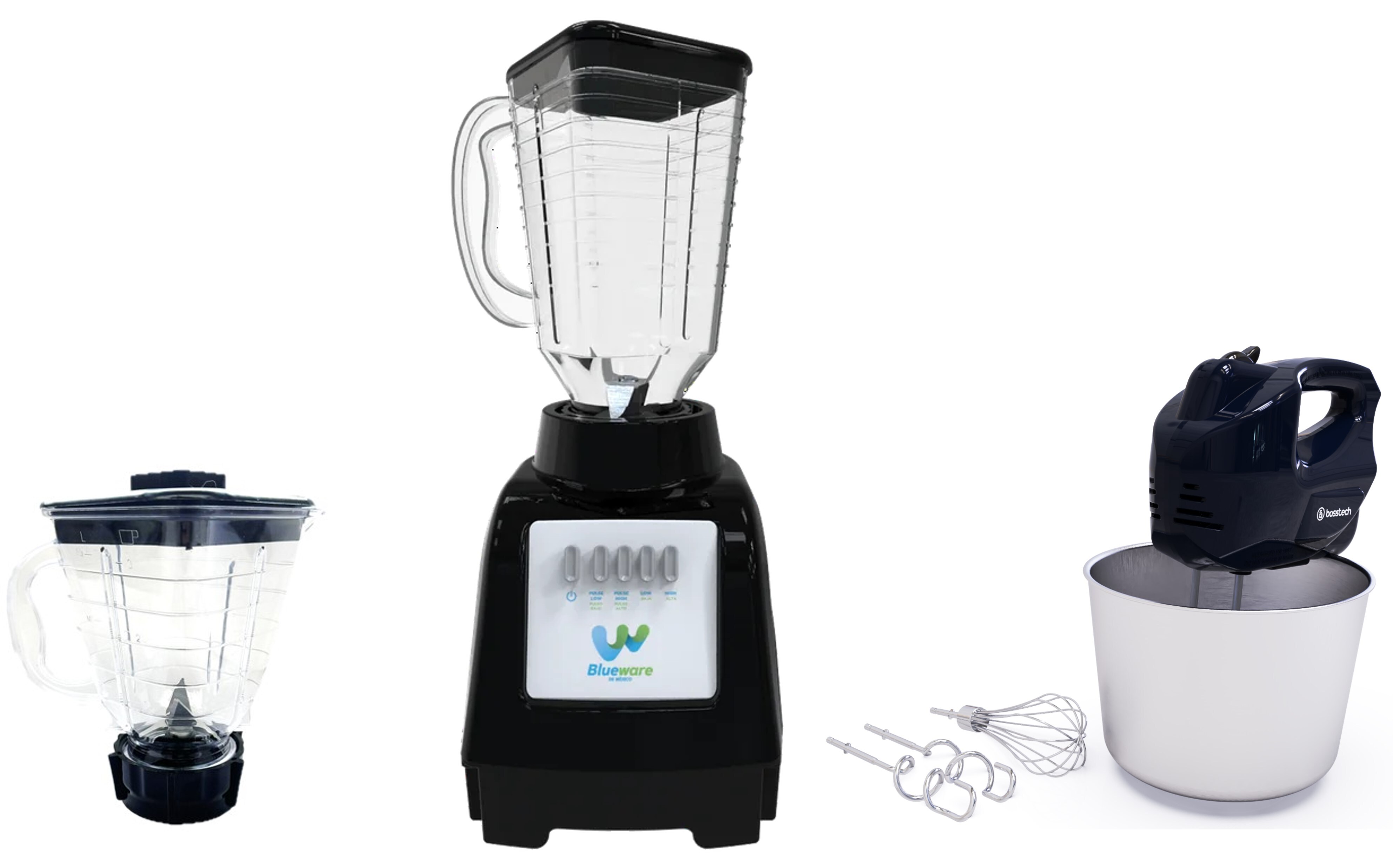 Licuadora Blueware 550w 1.125 Ml Negro + Kit Vaso Procesador 750ml + Batidora 200w Bowl $1,099