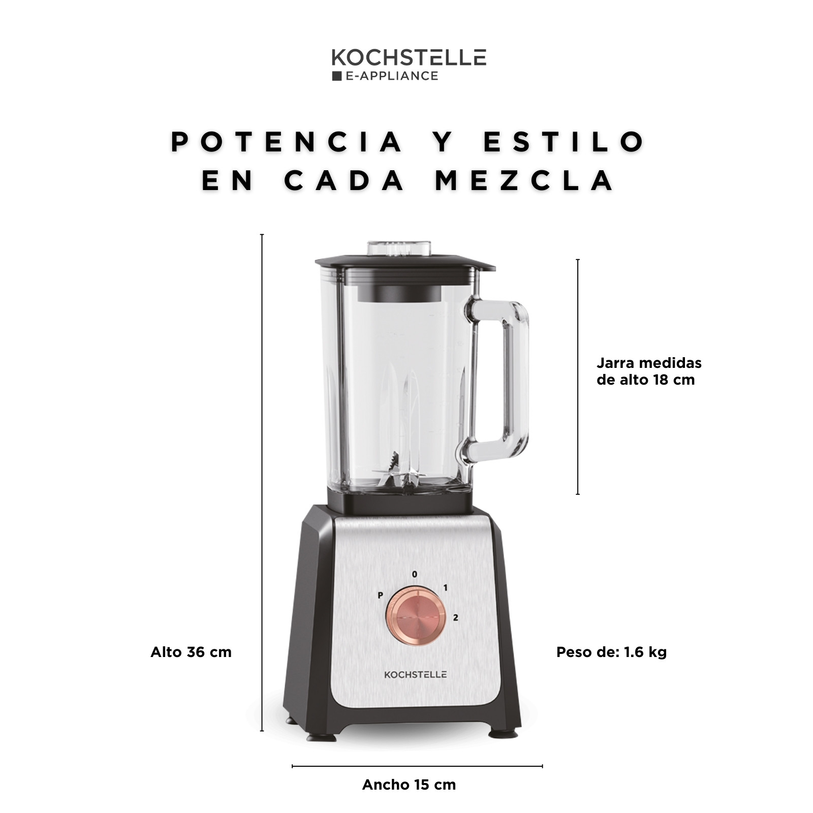 Foto 4 pulgar | Licuadora Kochstelle Negra con Perilla y Vaso de Vidrio 1.6 l 120 v