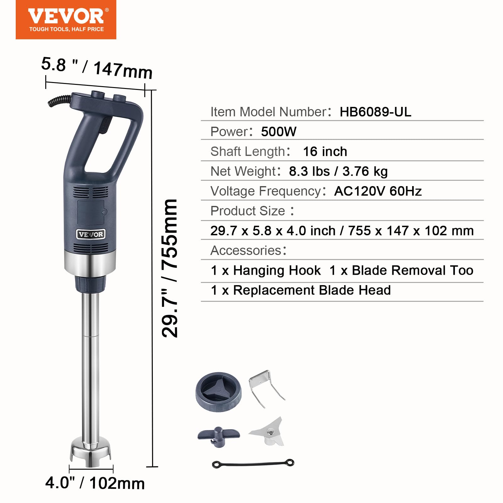 Foto 8 pulgar | Licuadora De Inmersión Vevor Commercial De 500 W Con Velocidad De 40-40 Cm - Venta Internacional.