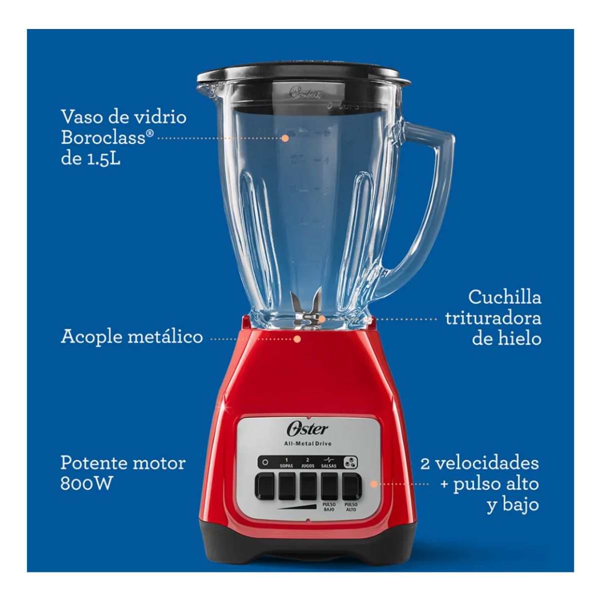 Foto 8 | Licuadora Vaso de Vidrio Oster Vel Kaliman Rojo Blstkag-rpb-013​