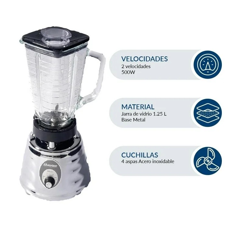 Foto 4 | Licuadora 2vel. 1.25l Cromada 500w Vaso Vidrio Oster
