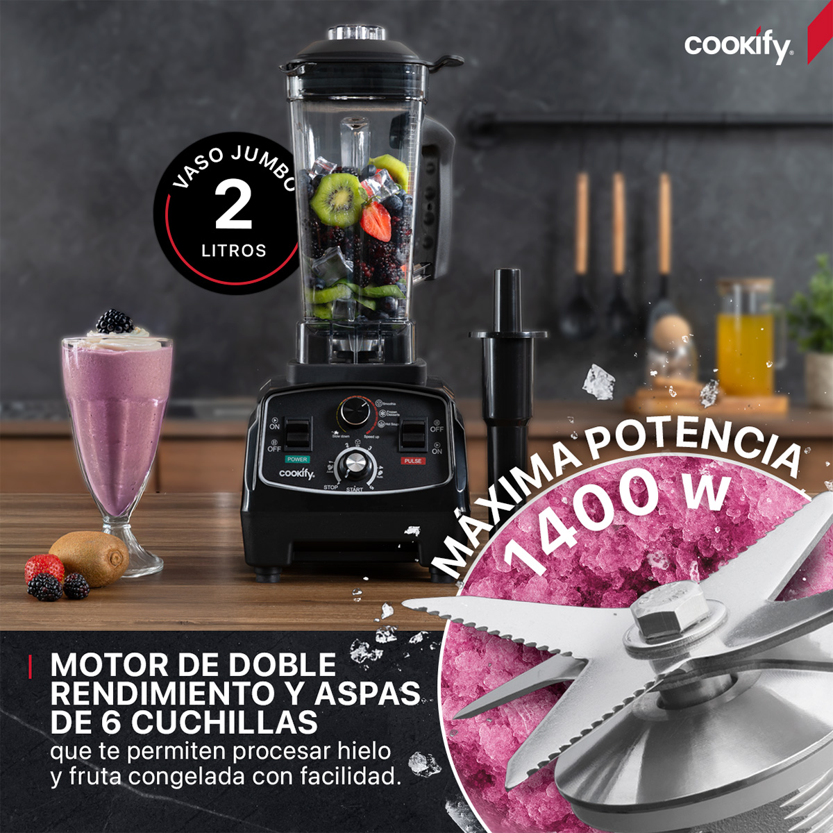 Foto 2 | Licuadora Profesional De Alta Potencia Cookify, 1400w, Velocidad Ajustable, Tritura Hielo, Vaso De 2 Lts