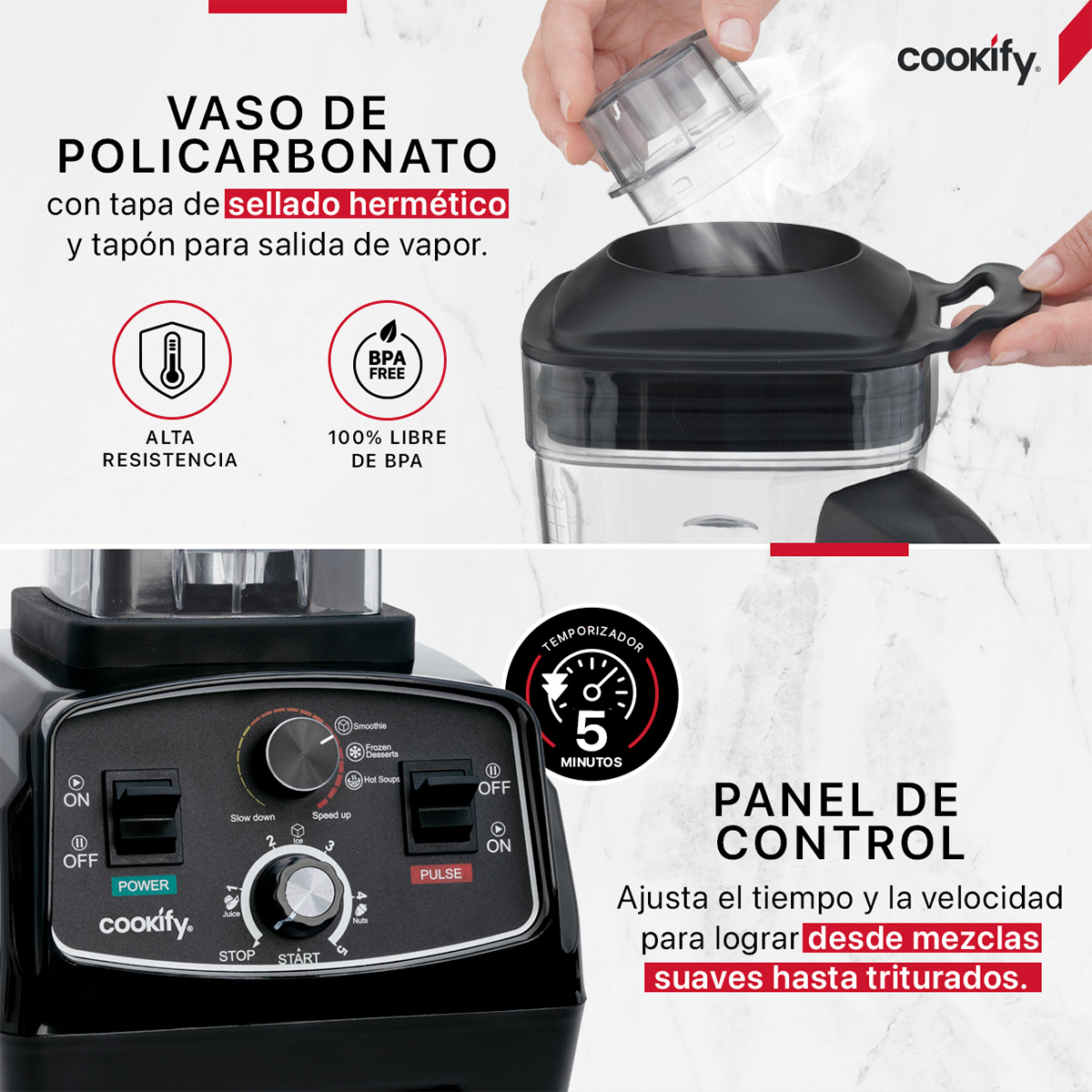 Foto 4 pulgar | Licuadora Profesional De Alta Potencia Cookify, 1400w, Velocidad Ajustable, Tritura Hielo, Vaso De 2 Lts