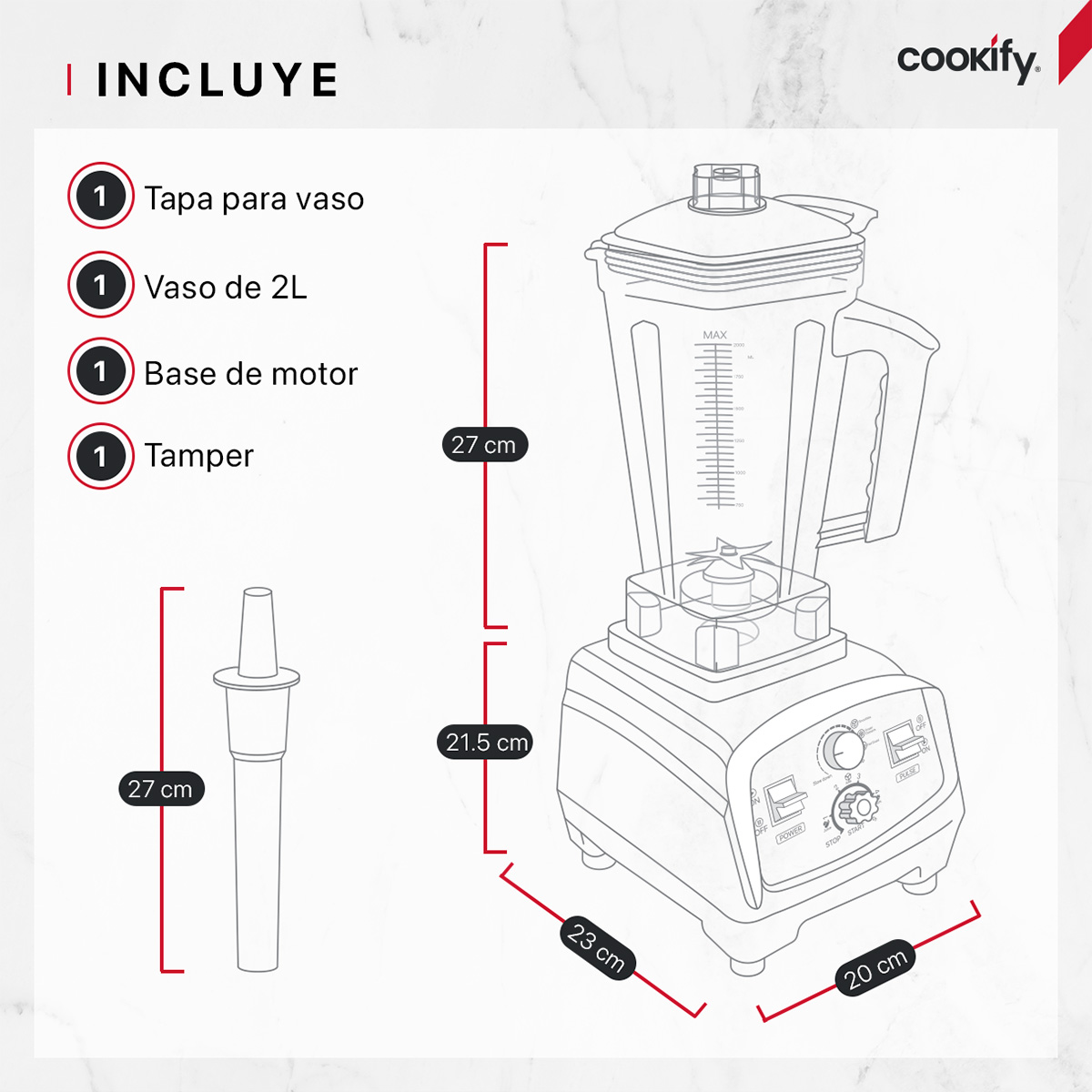 Foto 5 pulgar | Licuadora Profesional De Alta Potencia Cookify, 1400w, Velocidad Ajustable, Tritura Hielo, Vaso De 2 Lts