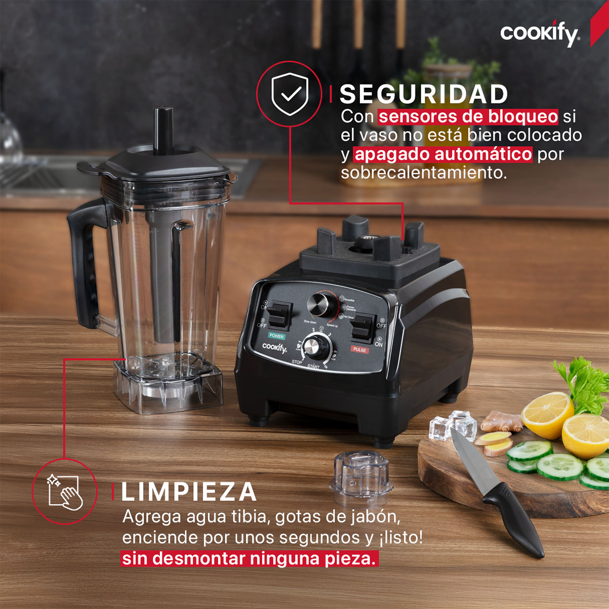 Foto 7 pulgar | Licuadora Profesional De Alta Potencia Cookify, 1400w, Velocidad Ajustable, Tritura Hielo, Vaso De 2 Lts
